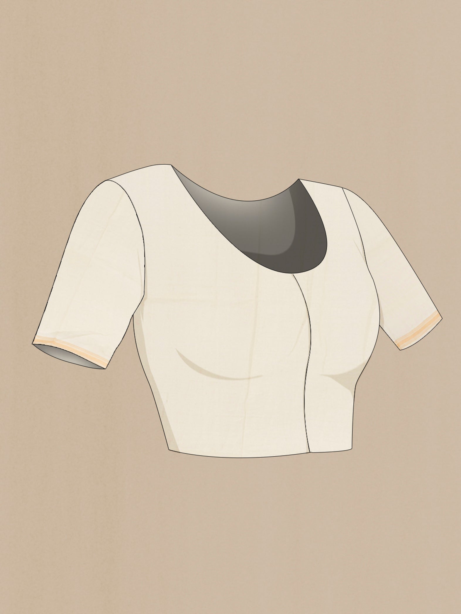 Close up image of the blouse of Cream Tussar Silk Saree with Floral Print on the body and Plain Border. 