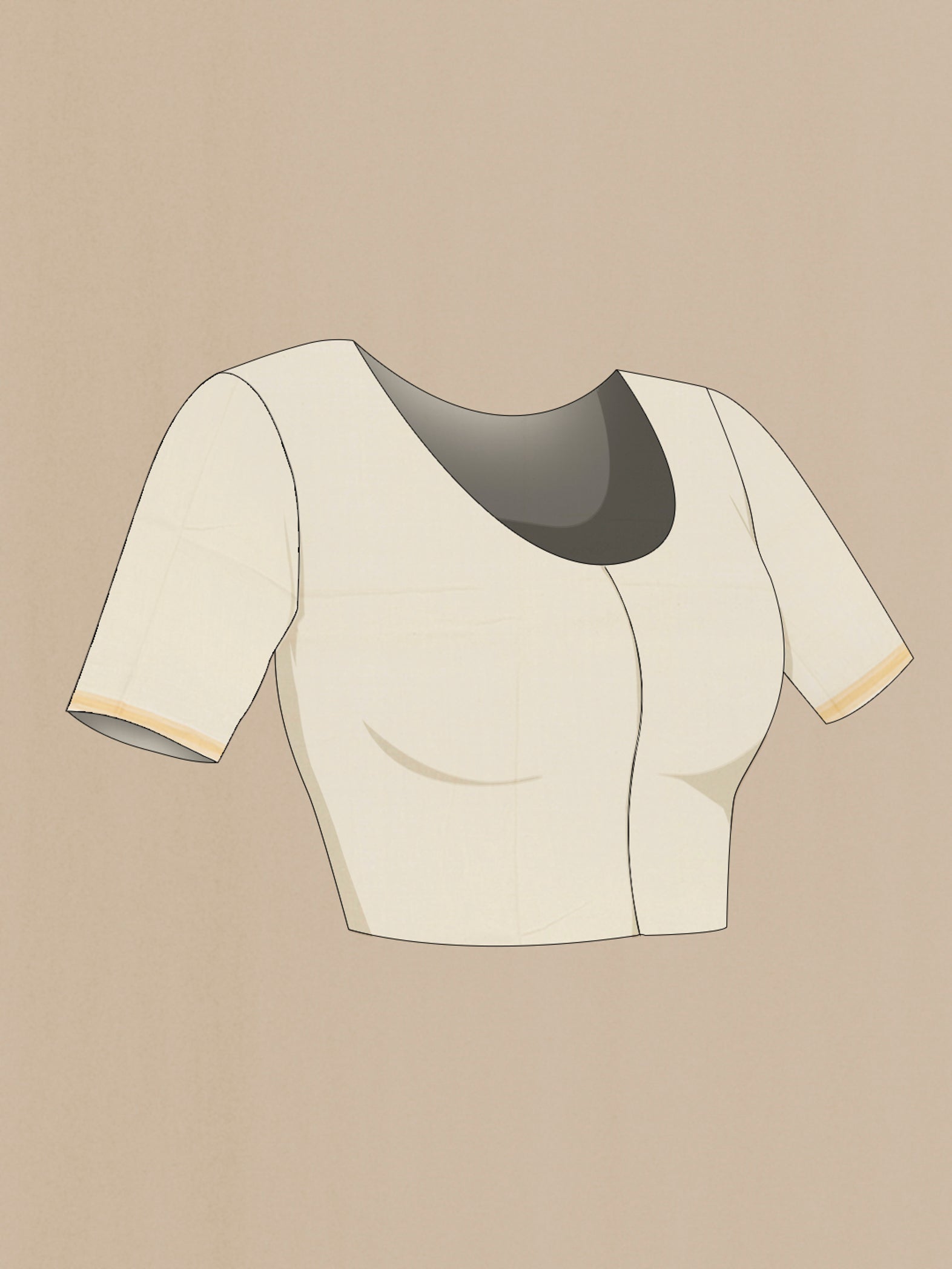 Close up image of the blouse of Cream Tussar Silk Saree with Floral Print on the body and Plain Border. 