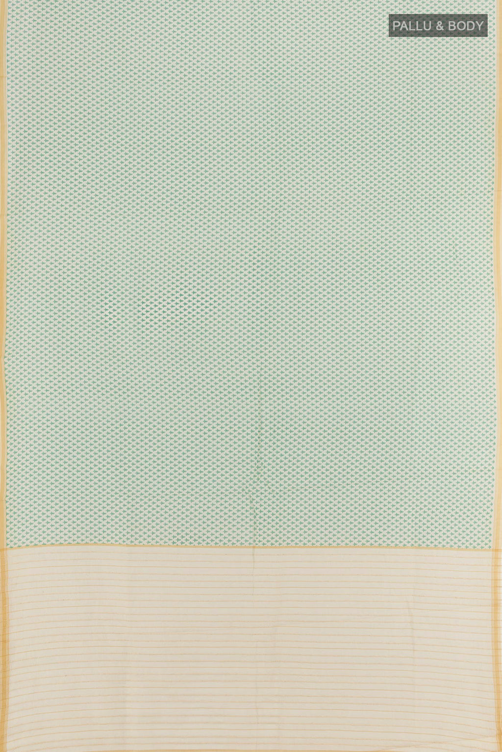 Flat view of Cream Tussar Silk Saree with Floral Print on the body and Plain Border. 