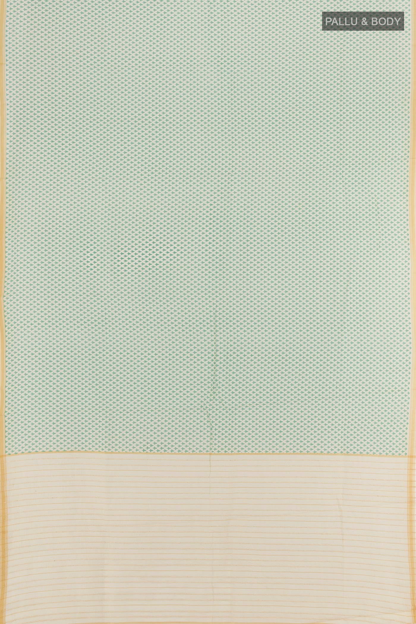 Flat view of Cream Tussar Silk Saree with Floral Print on the body and Plain Border. 