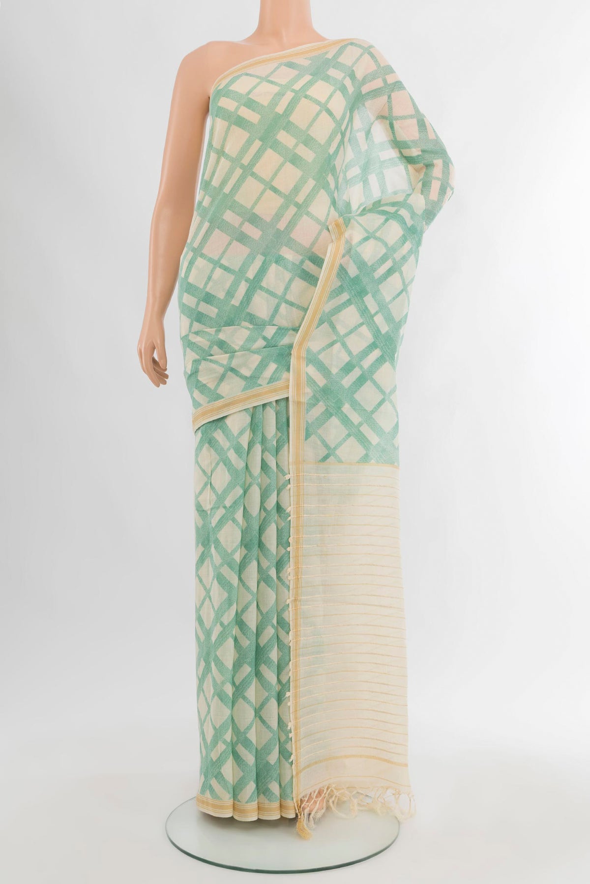 Cream Tussar Silk Saree with Floral Print on the body and Plain Border.  displayed on a mannequin