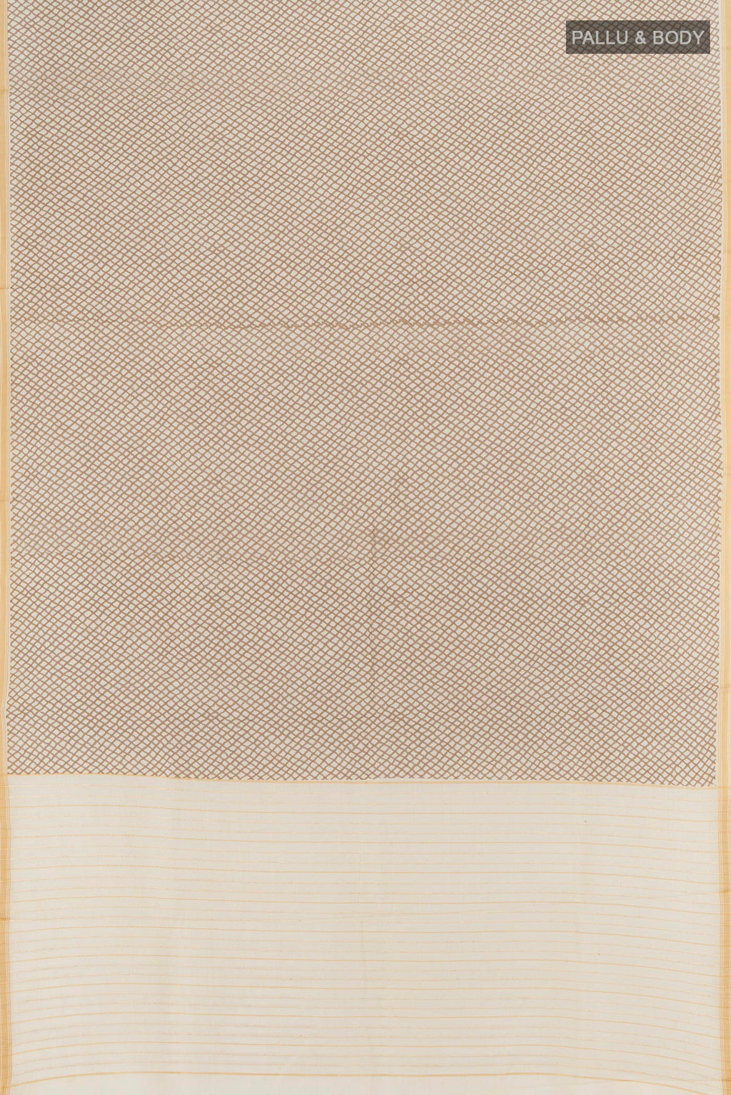 Flat view of Cream Tussar Silk Saree with Floral Print on the body and Plain Border. 