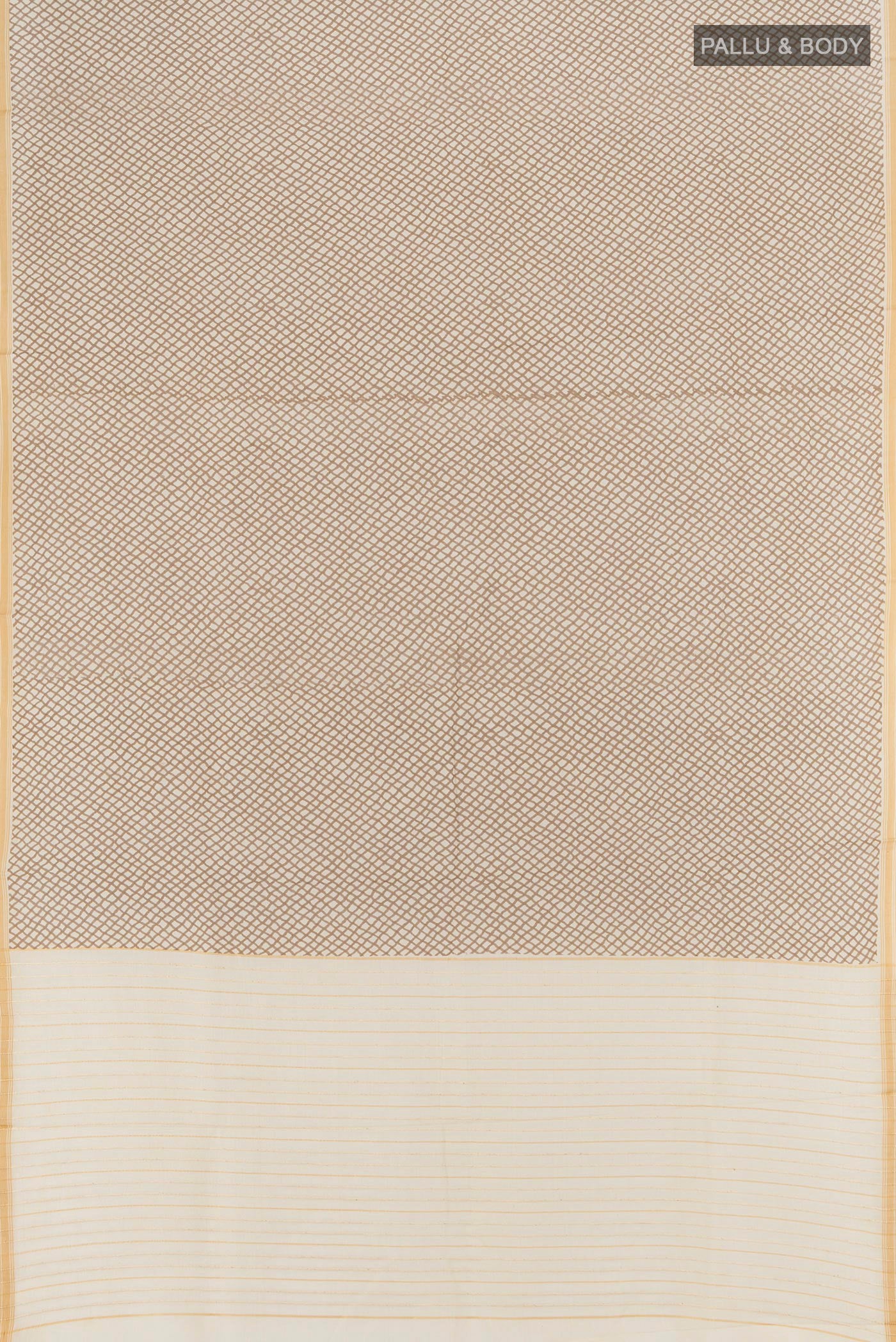 Flat view of Cream Tussar Silk Saree with Floral Print on the body and Plain Border. 