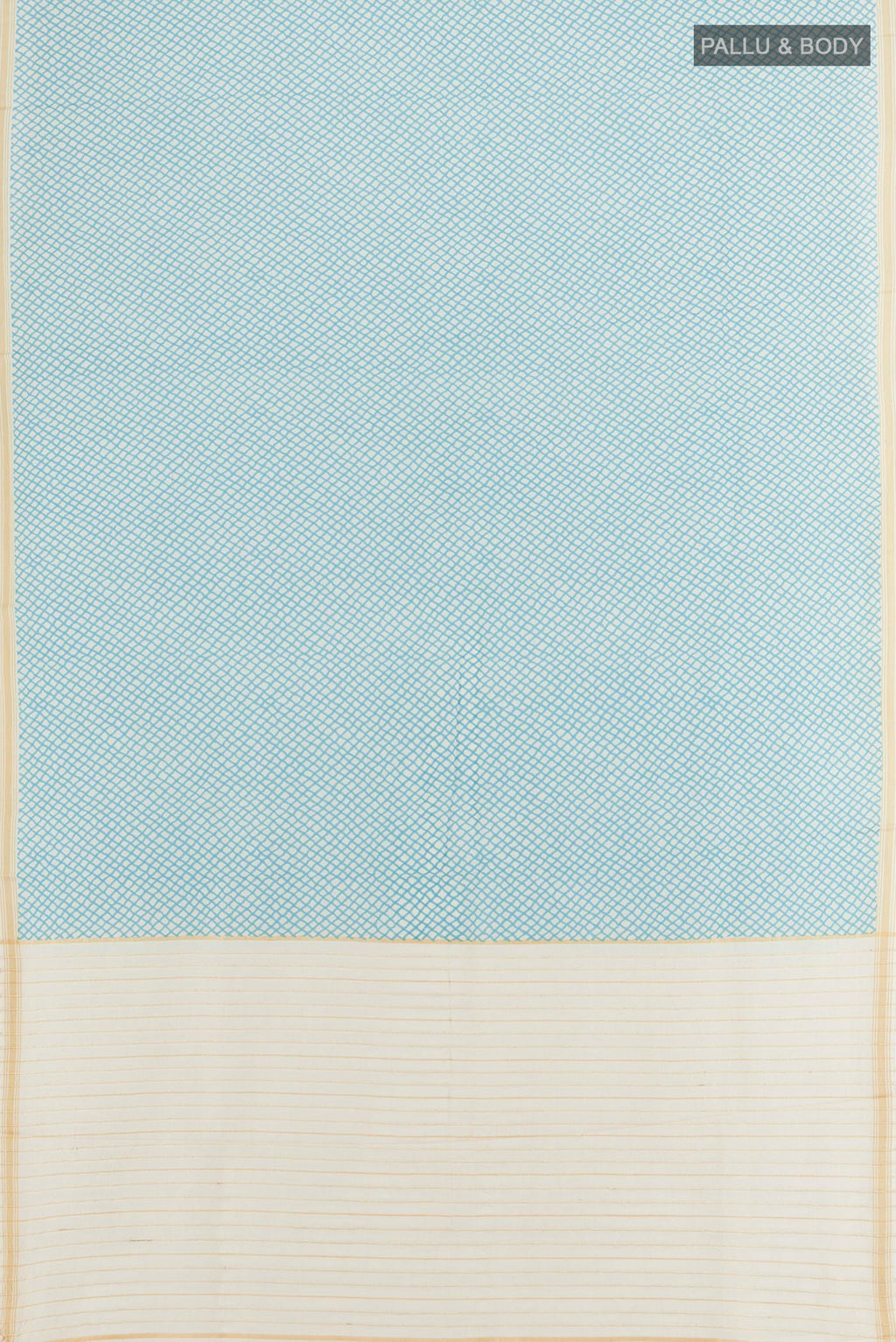 Flat view of Blue Tussar Saree with Printed design on the body and Plain Border. 