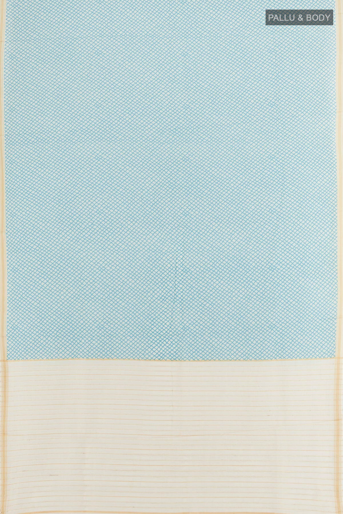 Flat view of Blue Tussar Saree with Printed design on the body and Plain Border. 