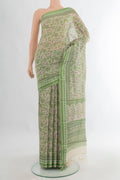 Cream Tussar Saree with Floral Print on the body and Thread Border.  displayed on a mannequin