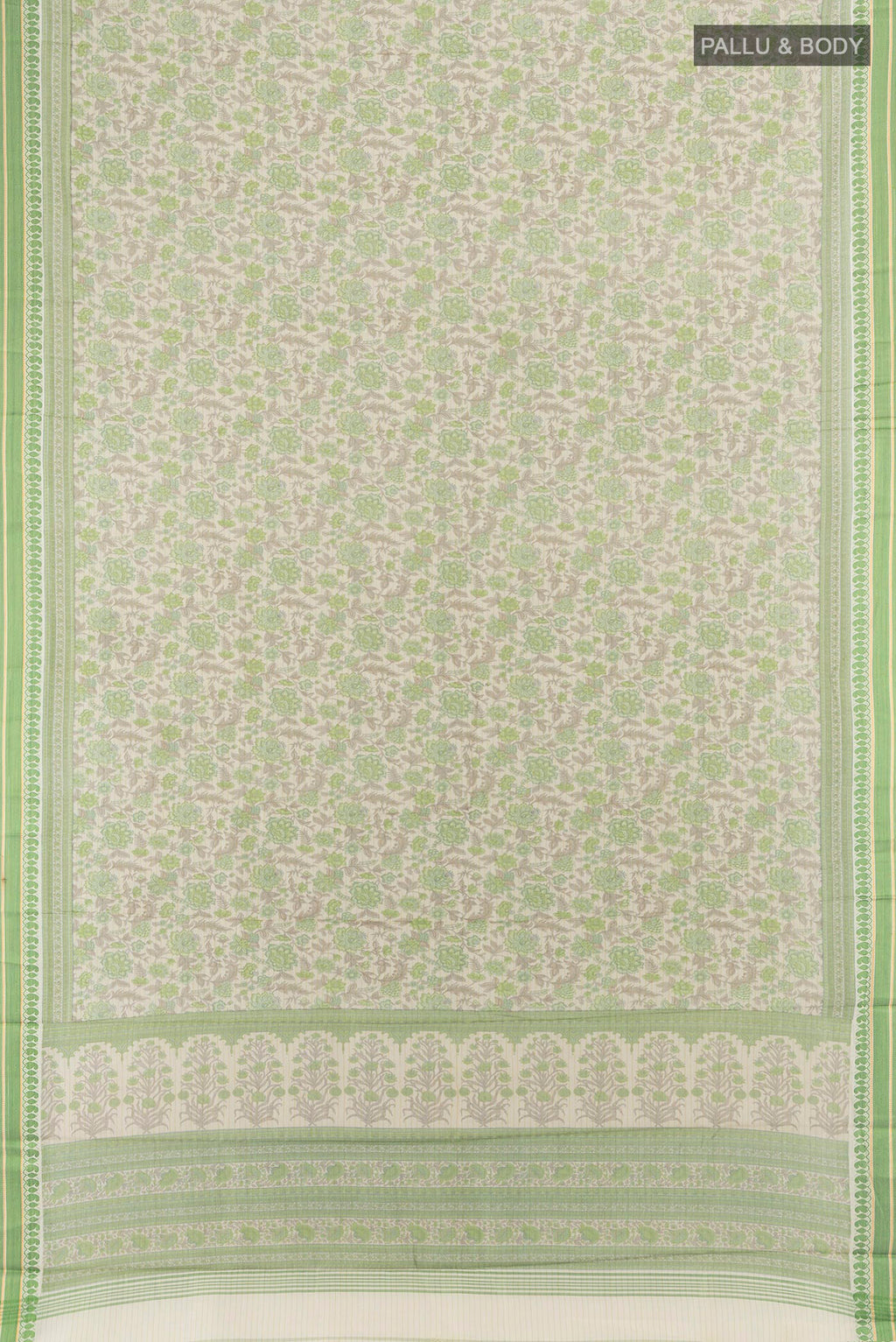 Flat view of Cream Tussar Saree with Floral Print on the body and Thread Border. 
