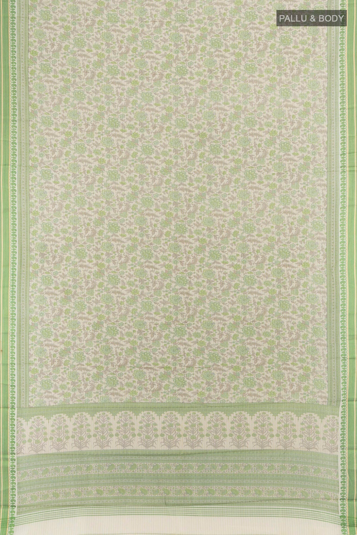 Flat view of Cream Tussar Saree with Floral Print on the body and Thread Border. 