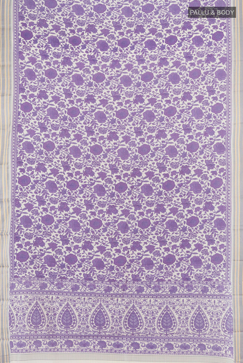 Flat view of Purple Tussar Saree with Floral Print on the body and Thread Border. 