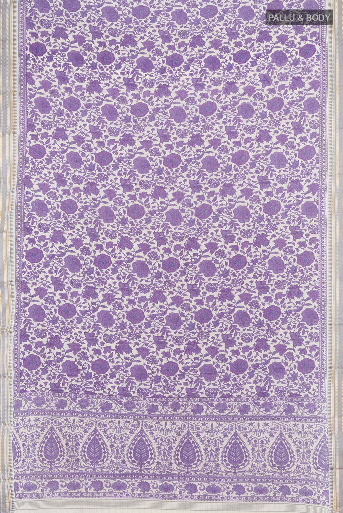 Flat view of Purple Tussar Saree with Floral Print on the body and Thread Border. 