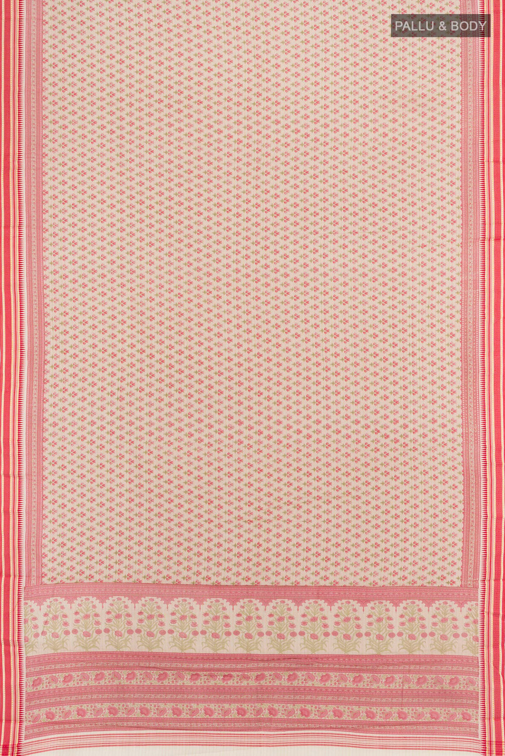 Flat view of Beige Tussar Silk Saree with Floral Print on the body and Thread Border. 