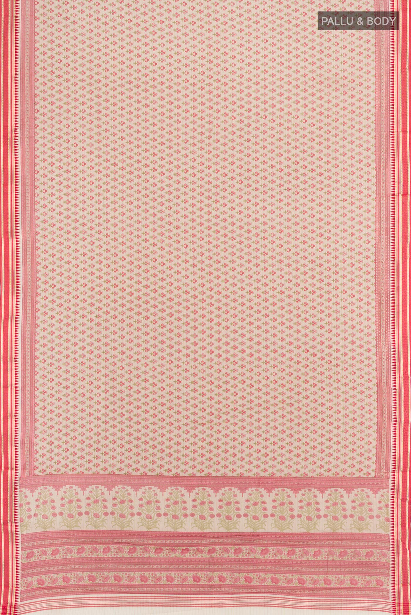 Flat view of Beige Tussar Silk Saree with Floral Print on the body and Thread Border. 