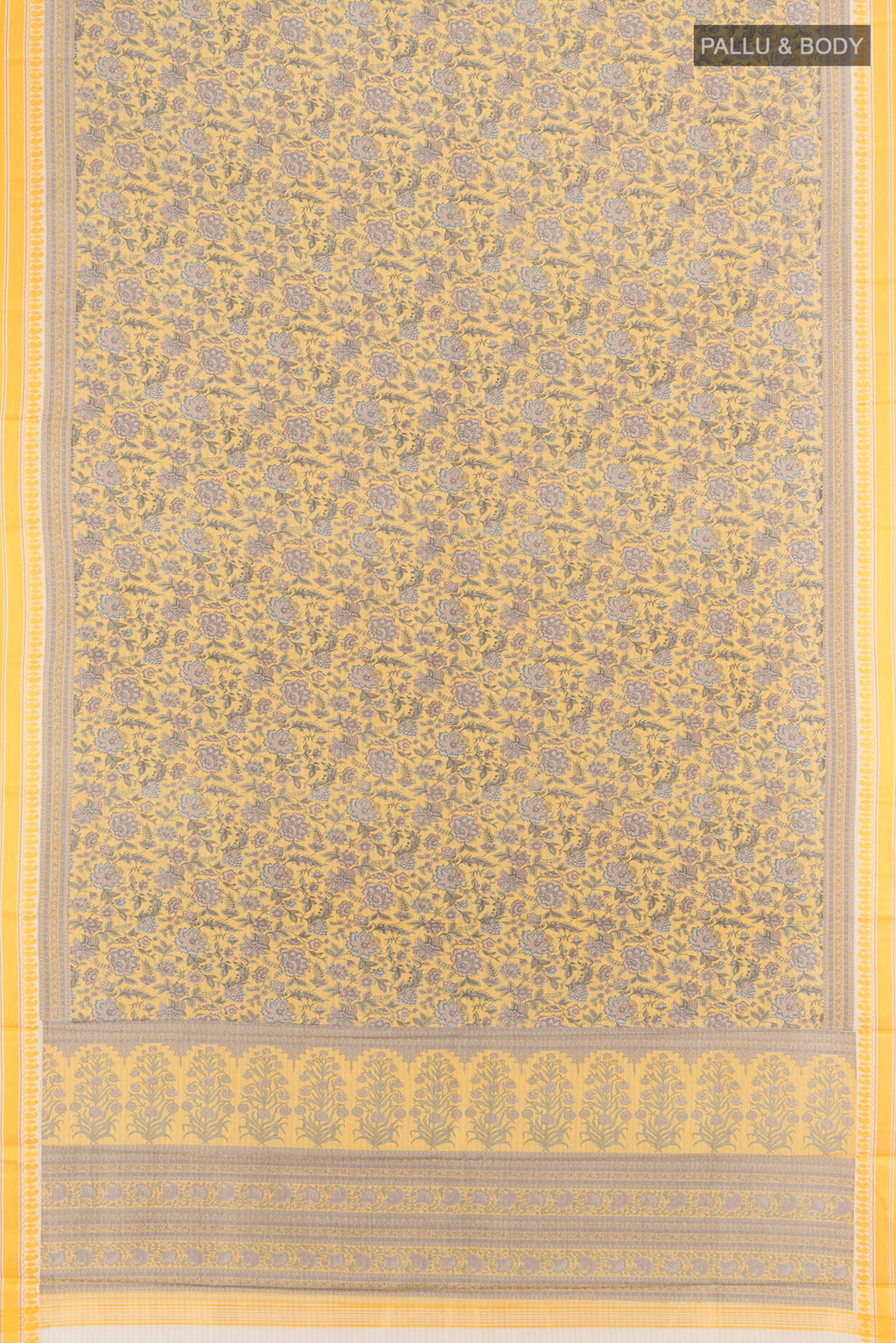 Flat view of Yellow Tussar Silk Saree with Floral Print on the body and Thread Border. 