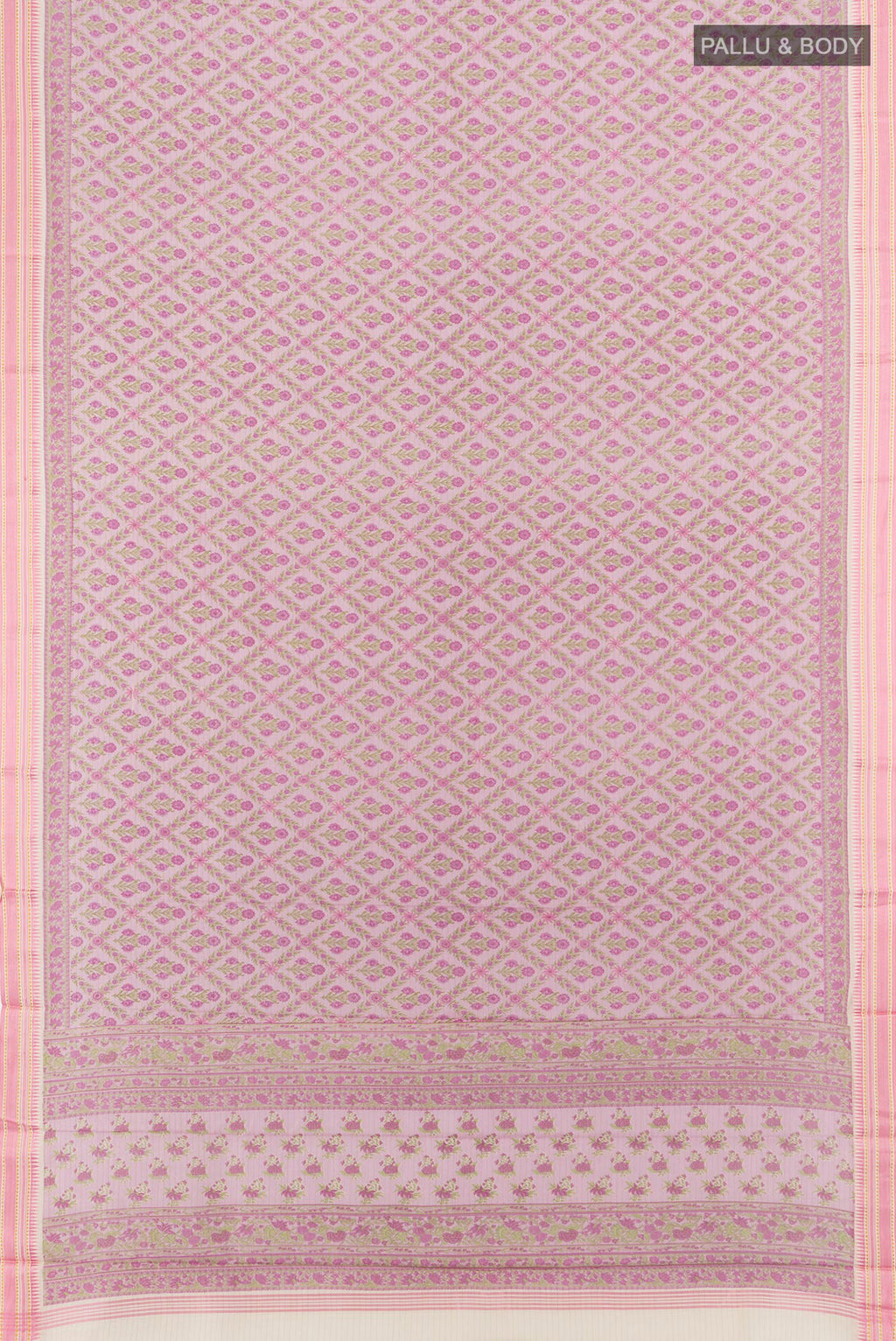 Flat view of Rose Gold Tussar Saree with Floral Print on the body and Thread Border. 
