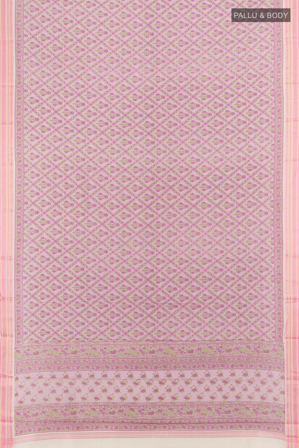 Flat view of Rose Gold Tussar Saree with Floral Print on the body and Thread Border. 
