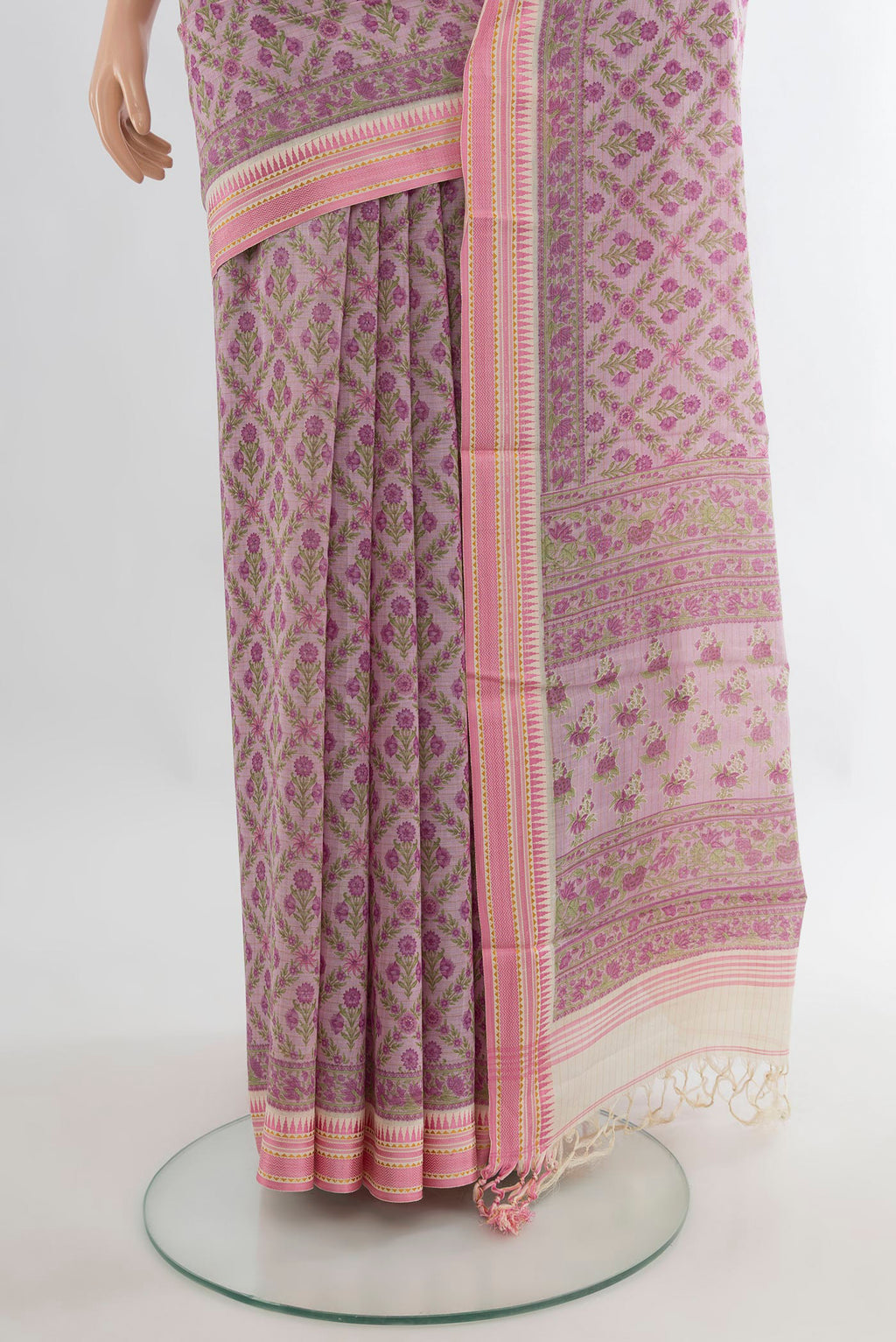 Pleats and pallu of Rose Gold Tussar Saree with Floral Print on the body and Thread Border. 