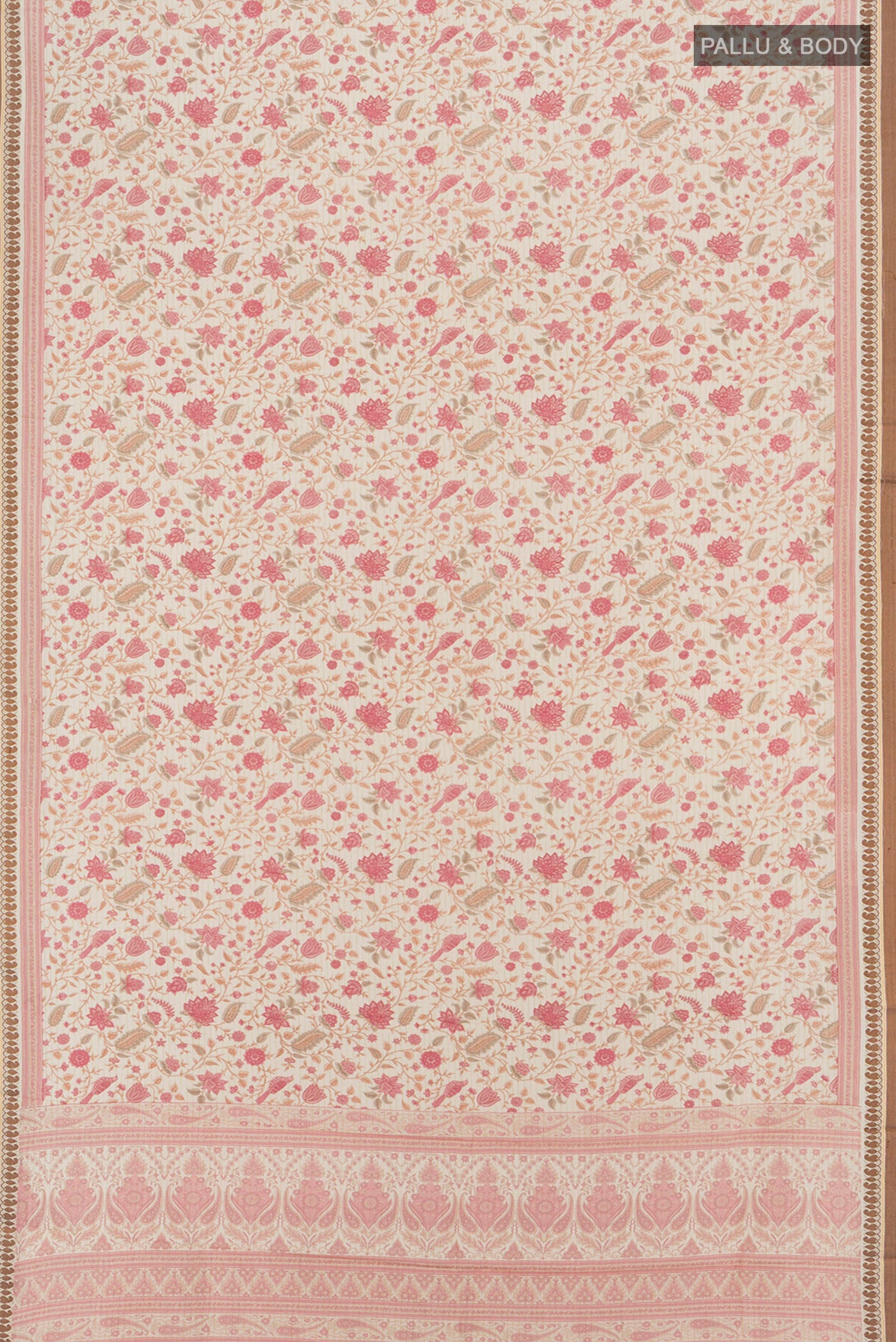 Flat view of Cream Tussar Silk Saree with Floral Print on the body and Thread Border. 