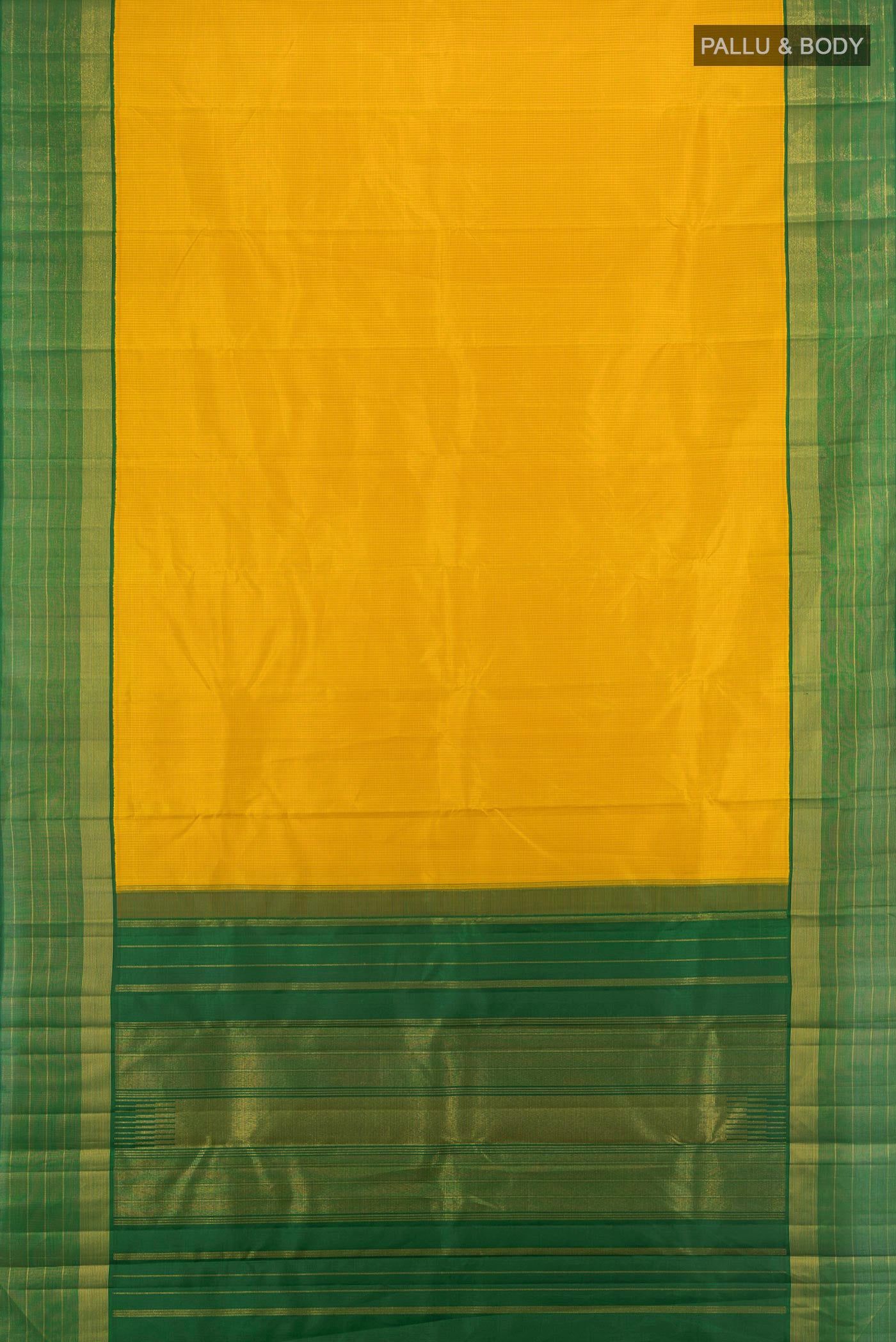 Flat view of Yellow Kanjivaram Silk Saree with Checked design on the body and Zari Border. 