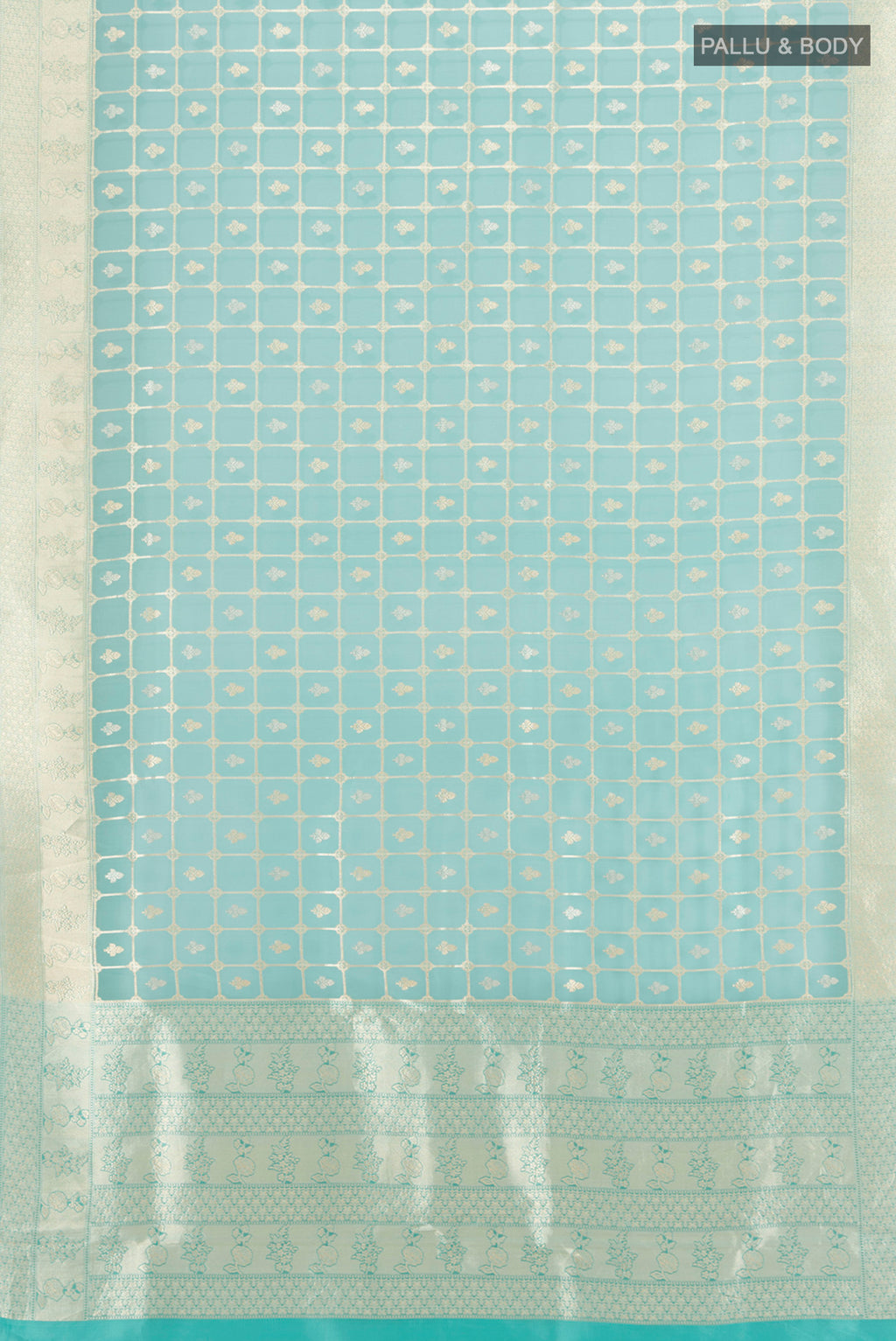 Flat view of Sky Blue Banarasi Kora Silk Saree with Zari Butta on the body and Zari Border. 