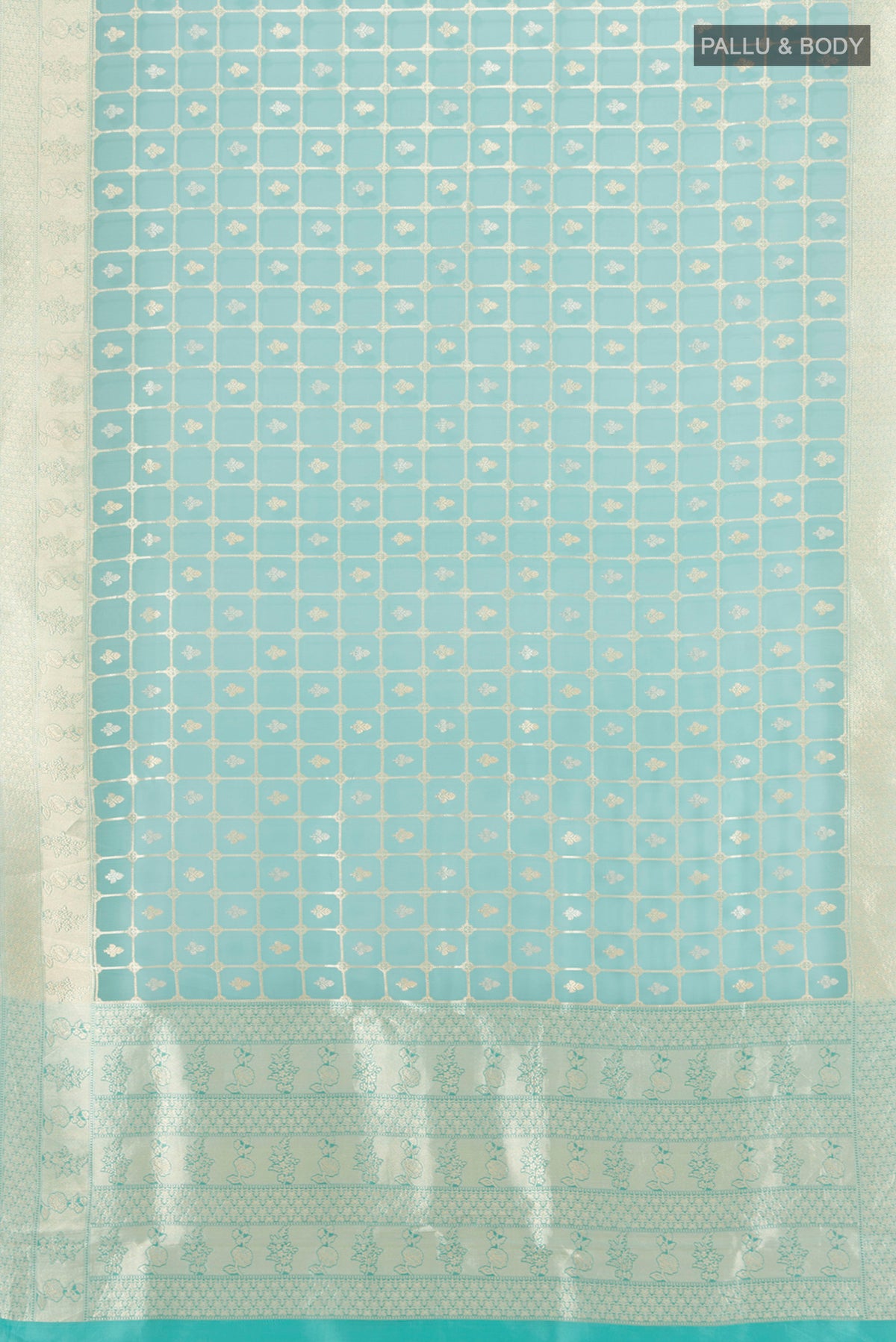 Flat view of Sky Blue Banarasi Kora Silk Saree with Zari Butta on the body and Zari Border. 