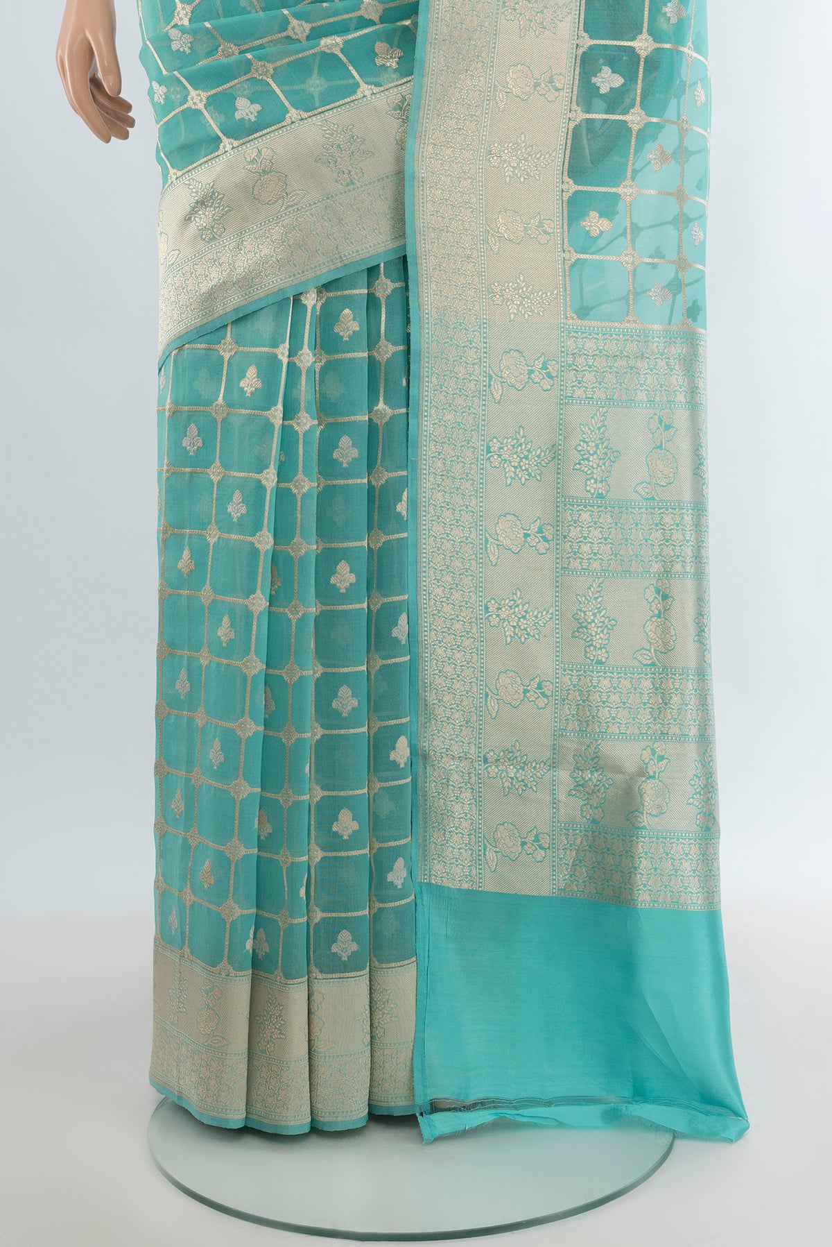 Pleats and pallu of Sky Blue Banarasi Kora Silk Saree with Zari Butta on the body and Zari Border. 