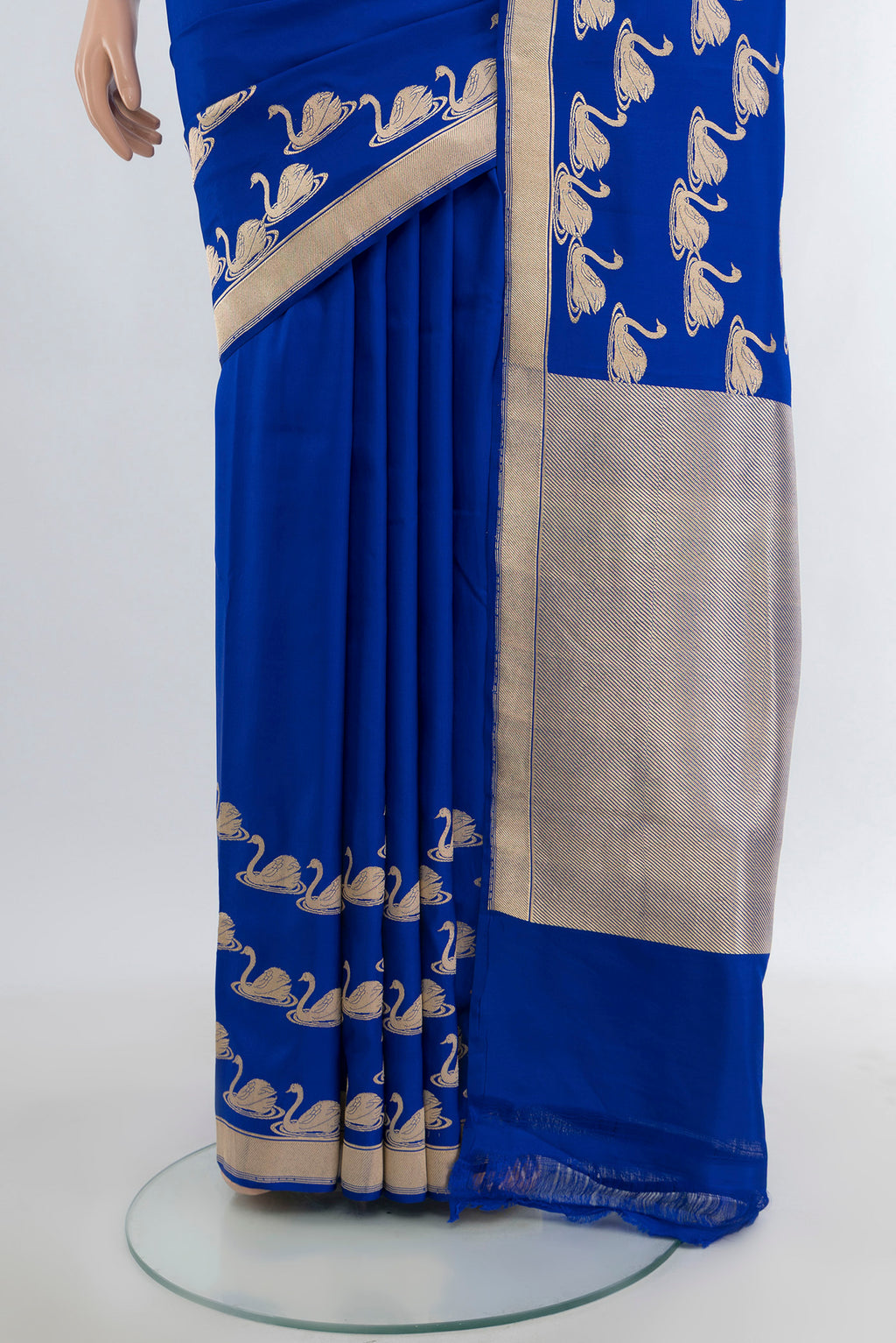 Pleats and pallu of Royal Blue Banarasi Silk Saree with Plain Body and Zari Border. 