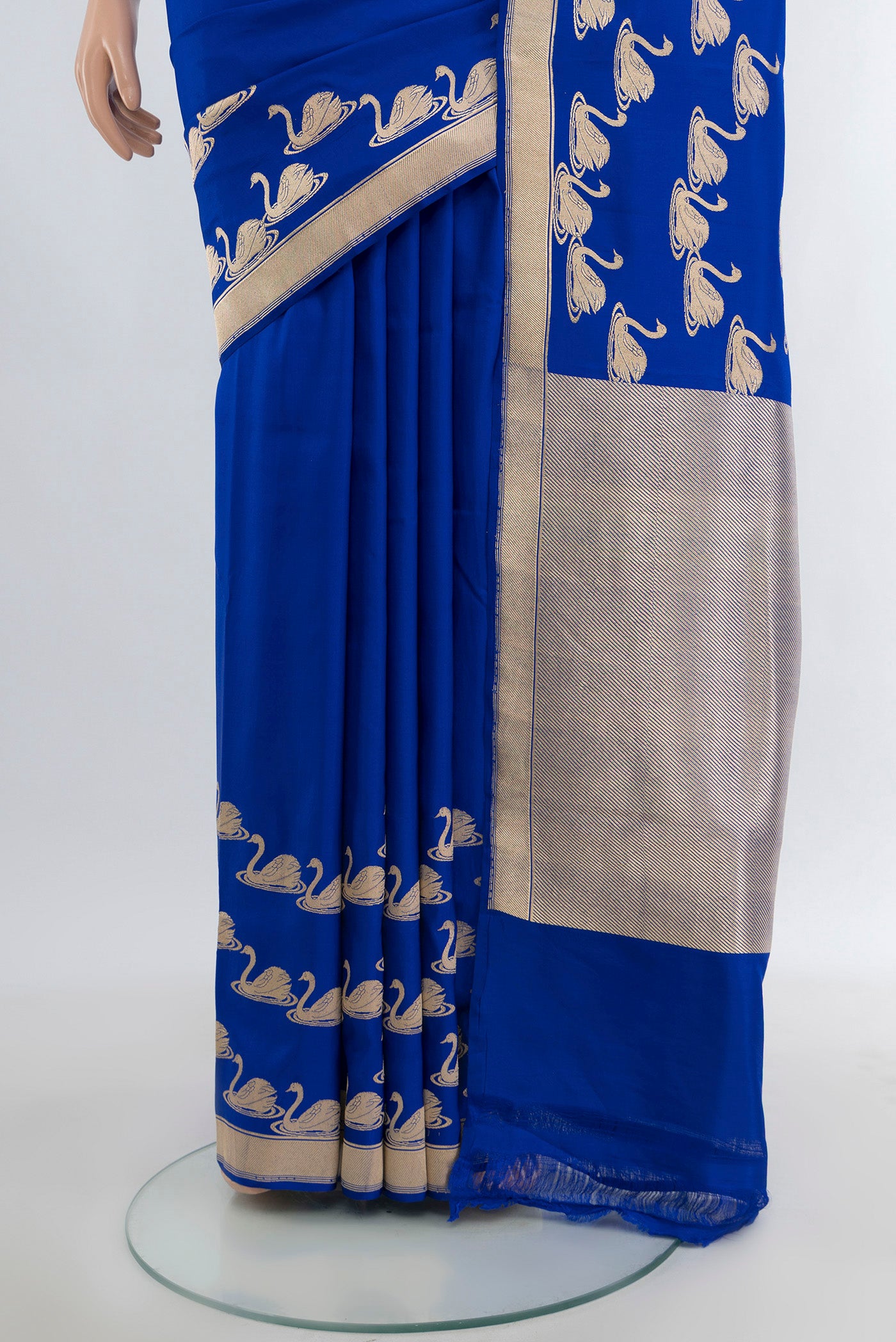 Pleats and pallu of Royal Blue Banarasi Silk Saree with Plain Body and Zari Border. 