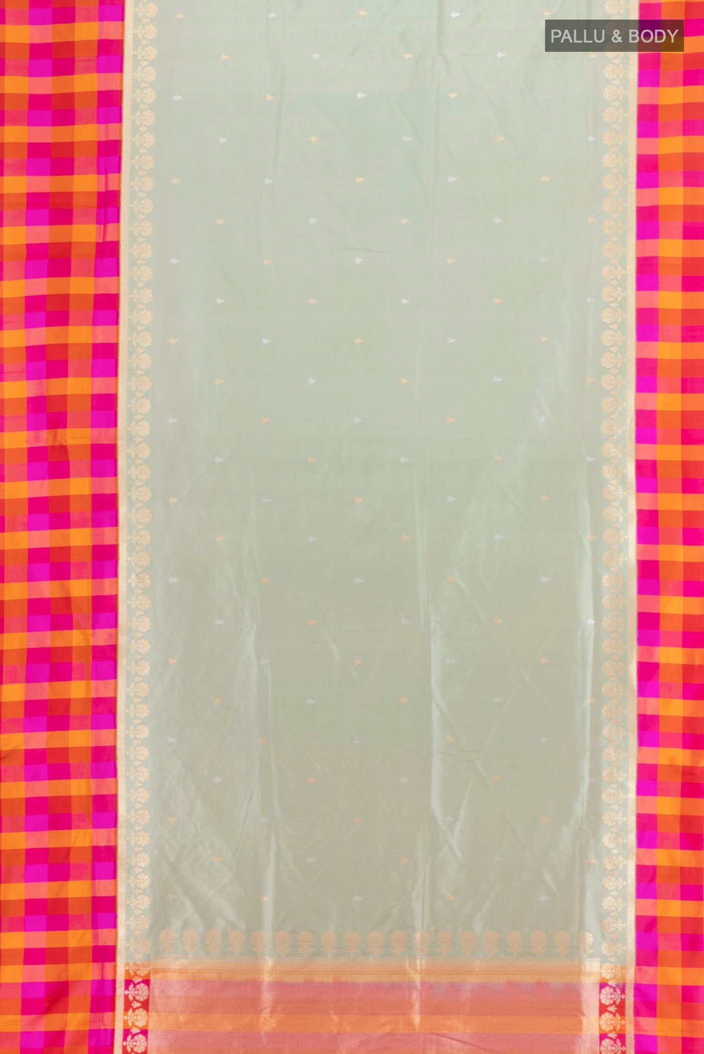 Flat view of Pista Green Banarasi Silk Saree with Zari Butta on the body and Fancy Border. 