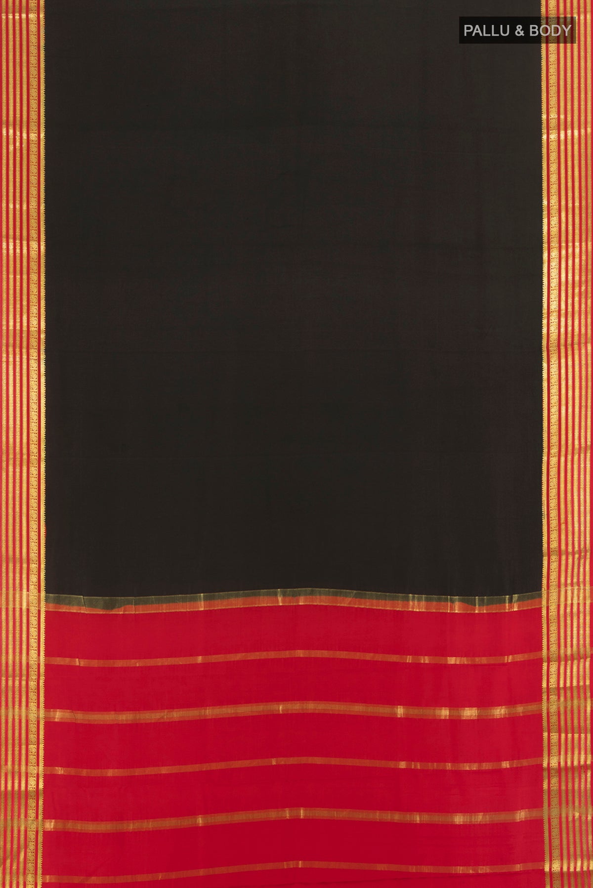 Flat view of Black Mysore Crepe Saree with Plain Body and Zari Border. 