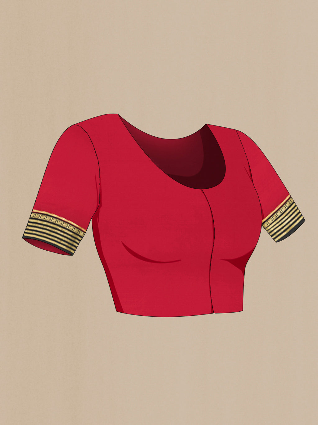 Close up image of the blouse of Red Mysore Crepe Saree with Plain Body and Zari Border. 