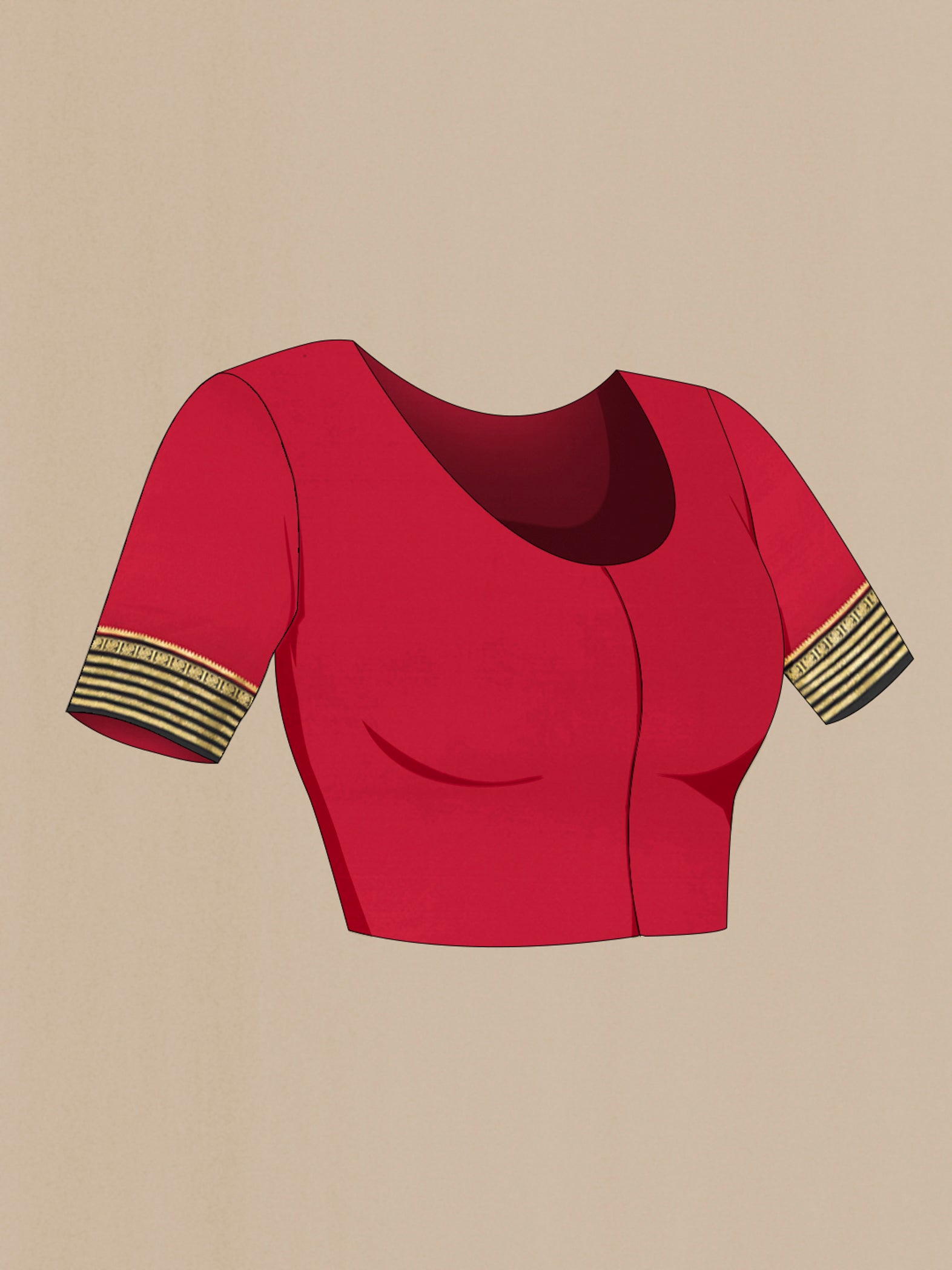 Close up image of the blouse of Red Mysore Crepe Saree with Plain Body and Zari Border. 