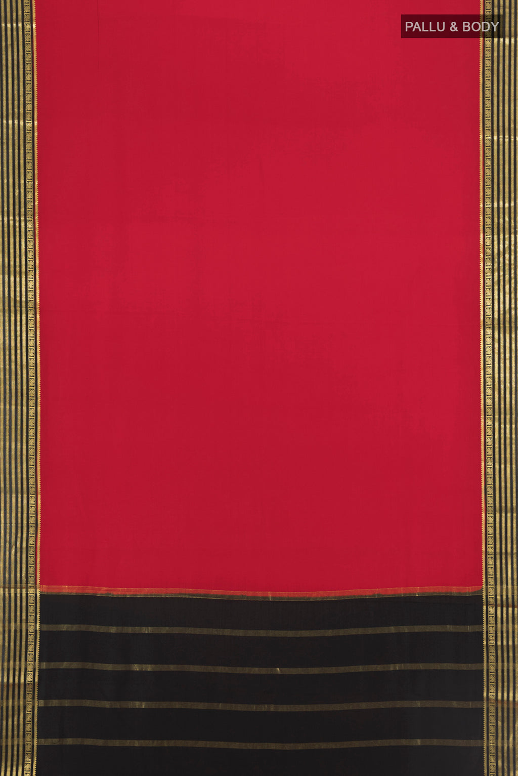 Flat view of Red Mysore Crepe Saree with Plain Body and Zari Border. 