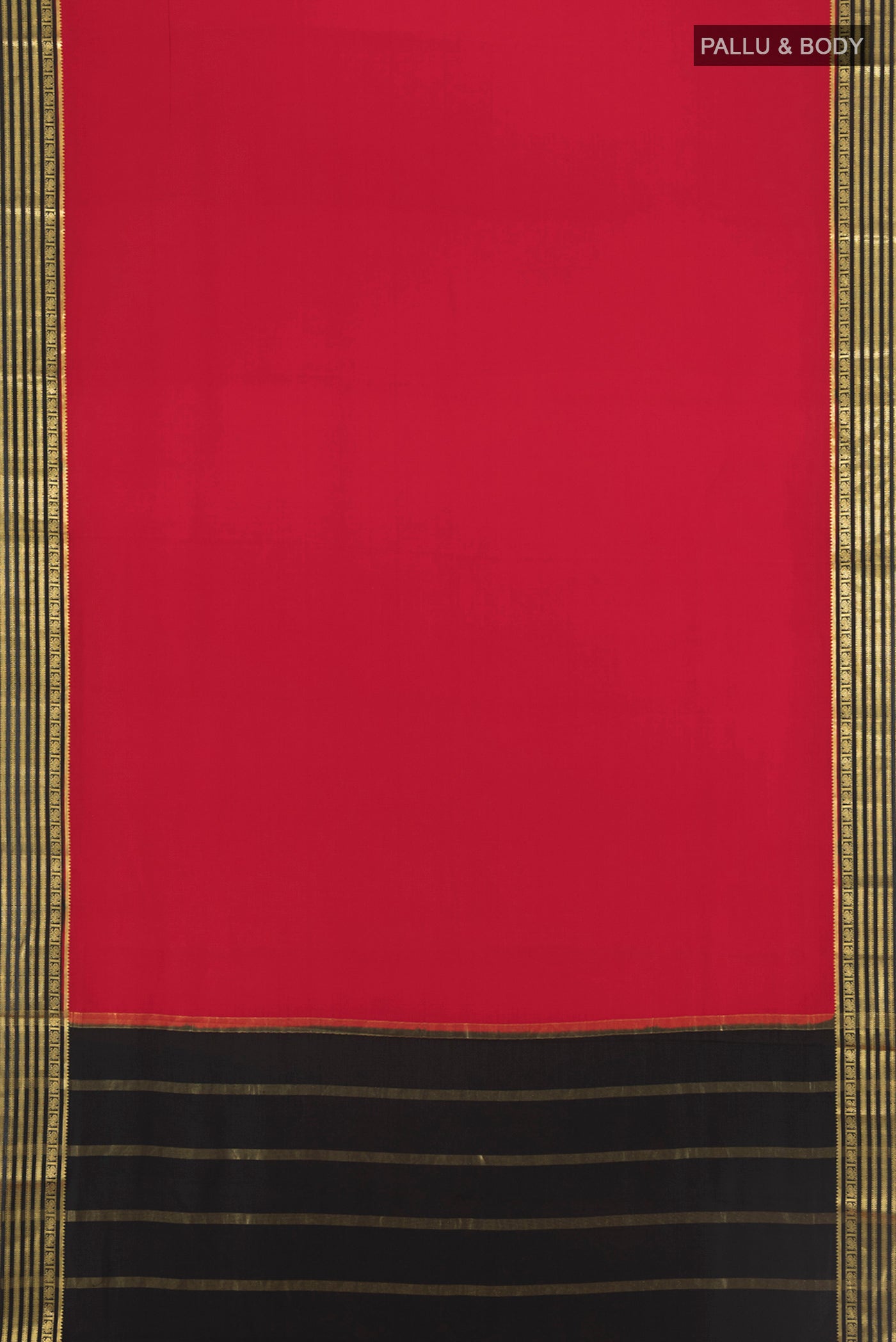 Flat view of Red Mysore Crepe Saree with Plain Body and Zari Border. 