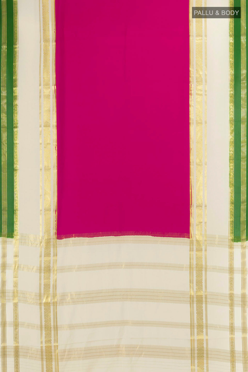Flat view of Magenta Mysore Crepe Saree with Plain Body and Zari Border. 