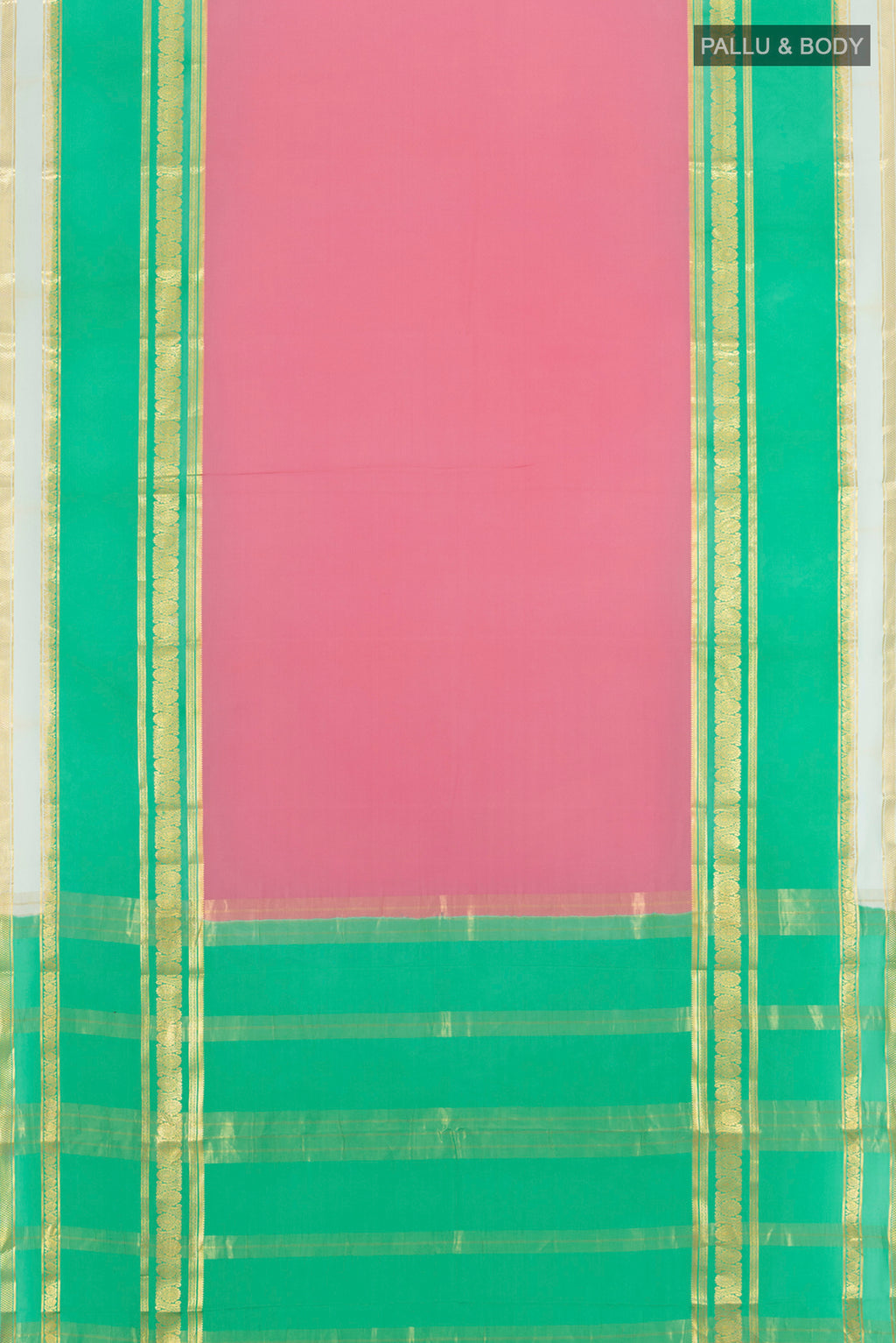 Flat view of Pink Mysore Crepe Saree with Plain Body and Zari Border. 