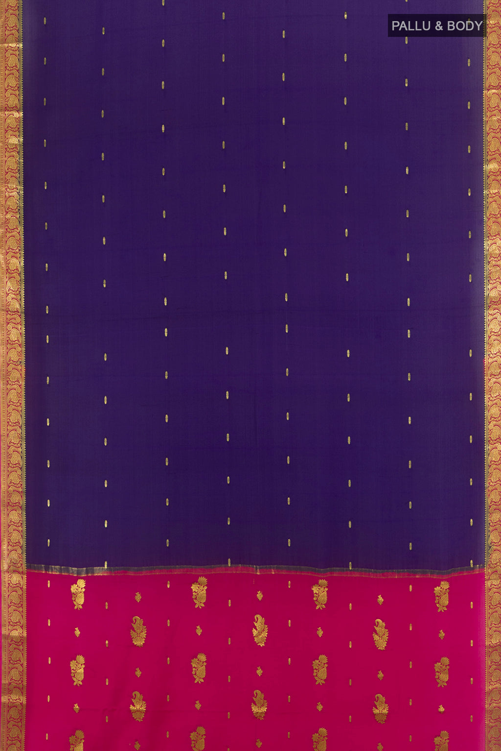 Flat view of Navy Blue Mysore Crepe Saree with Zari Butta on the body and Zari Border. 
