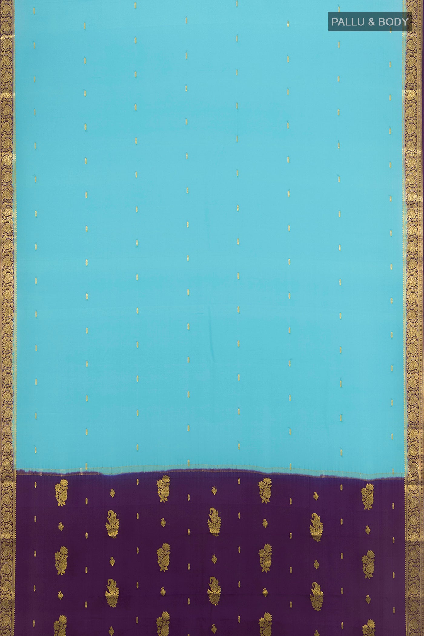 Flat view of Sky Blue Mysore Crepe Saree with Zari Butta on the body and Silk Border. 