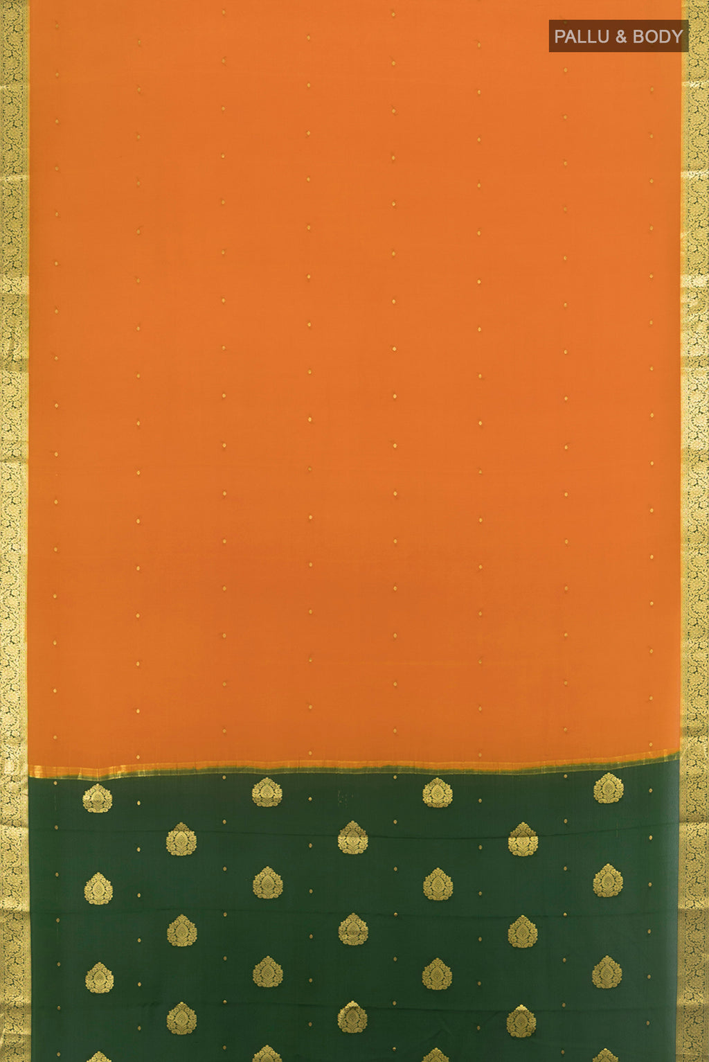 Flat view of Mustard Mysore Crepe Saree with Zari Butta on the body and Zari Border. 