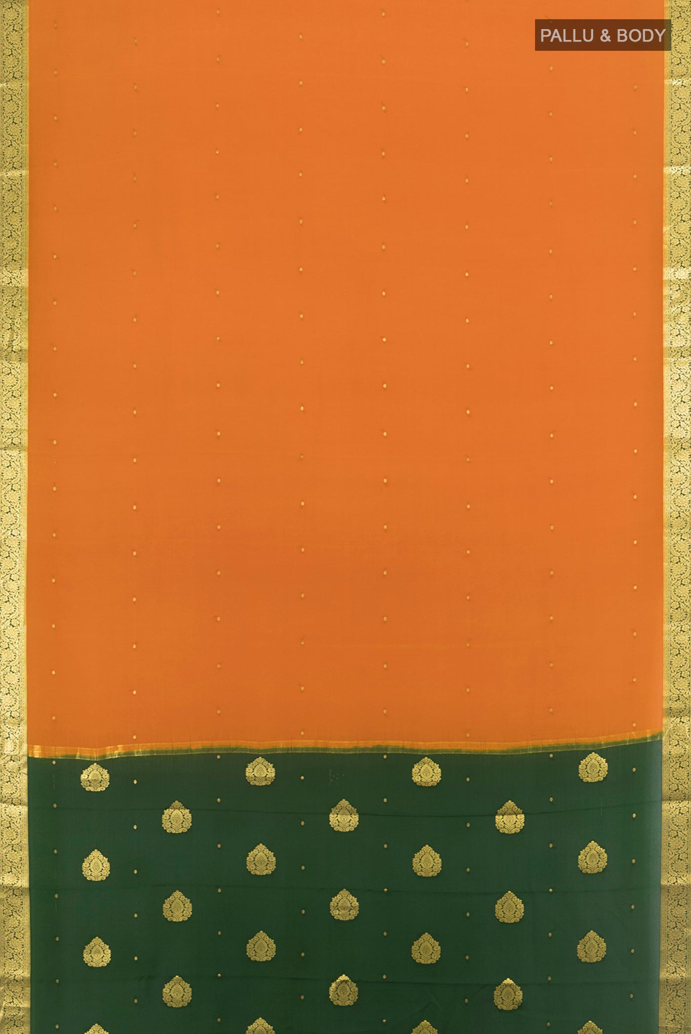 Flat view of Mustard Mysore Crepe Saree with Zari Butta on the body and Zari Border. 