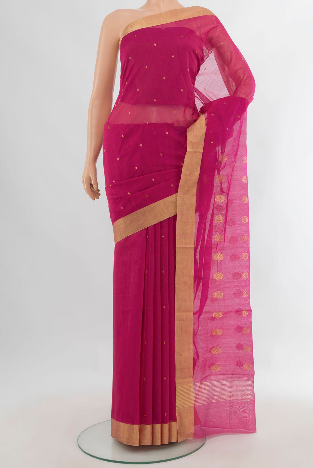 Pink Chanderi Cotton Saree with Zari Butta on the body and Zari Border.  displayed on a mannequin