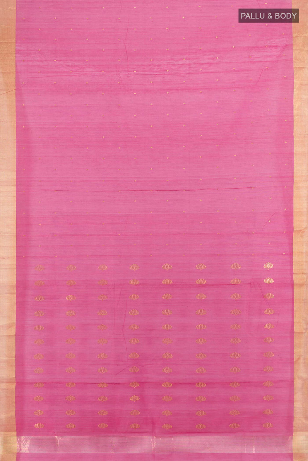 Flat view of Pink Chanderi Cotton Saree with Zari Butta on the body and Zari Border. 