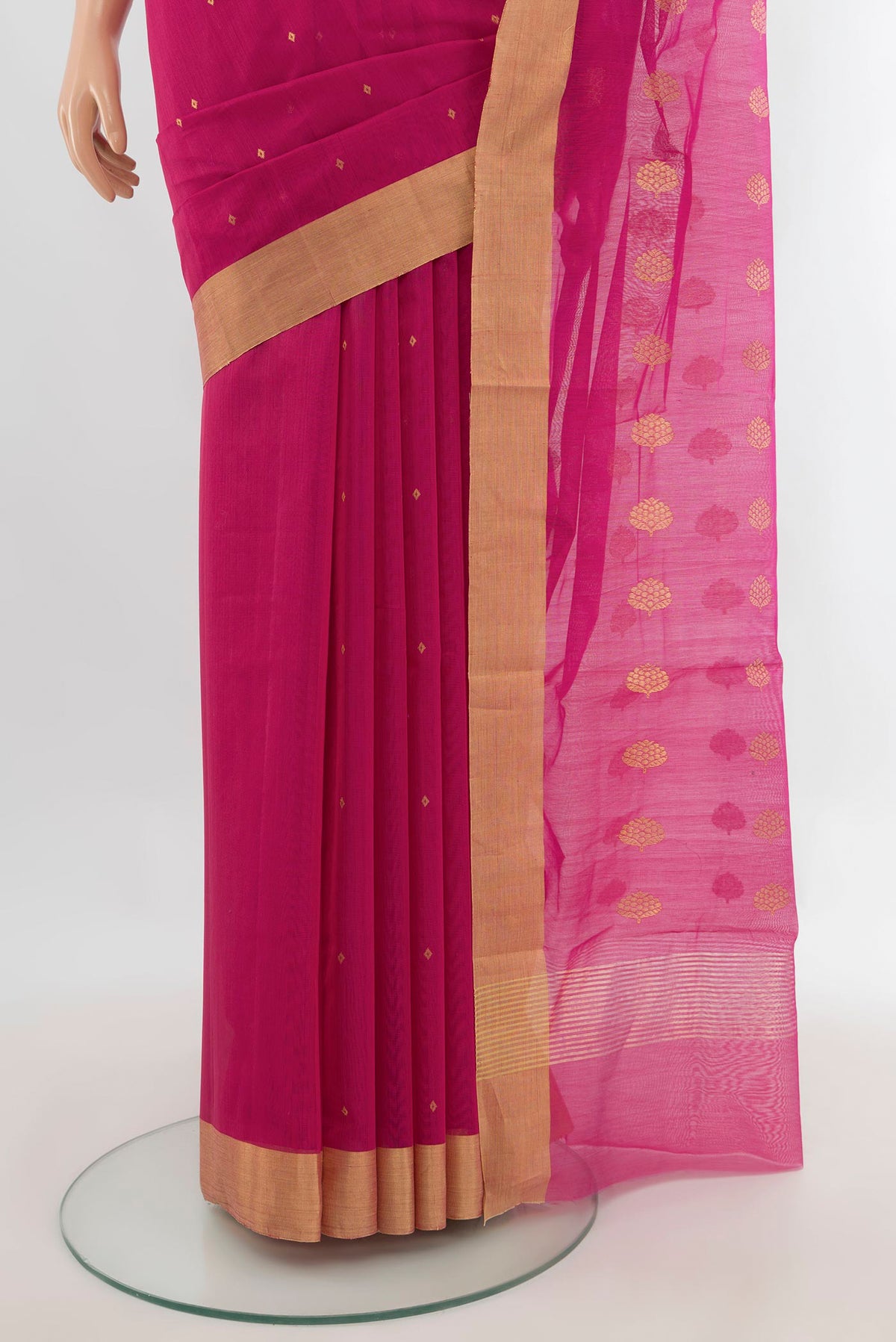 Pleats and pallu of Pink Chanderi Cotton Saree with Zari Butta on the body and Zari Border. 