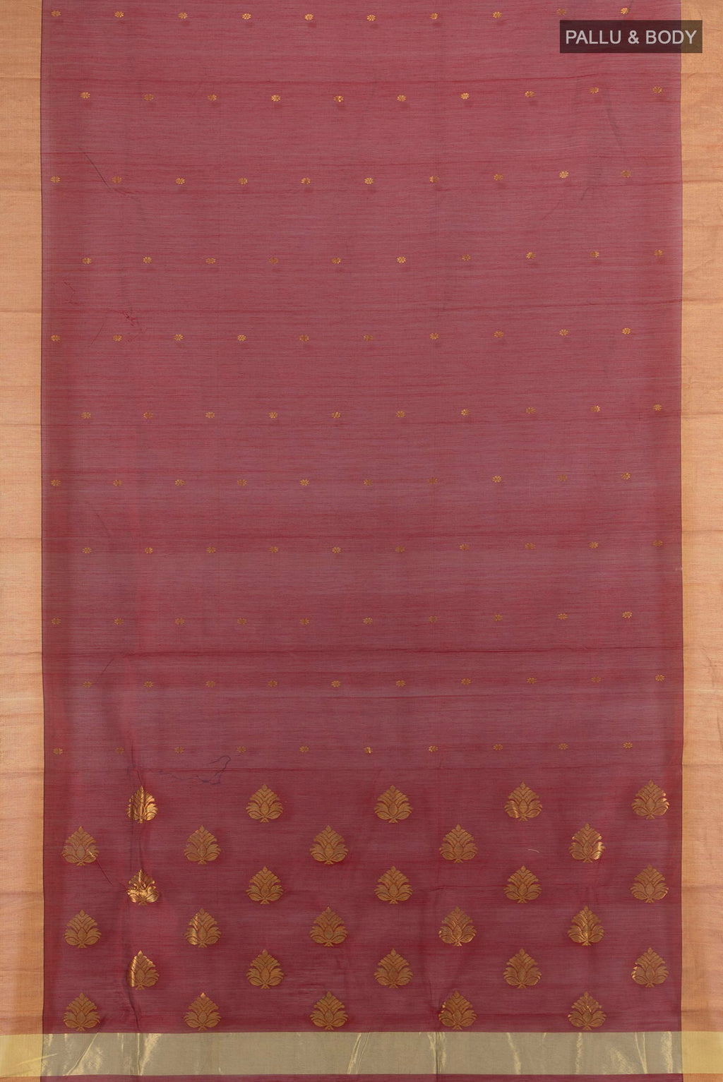 Flat view of Maroon Chanderi Cotton Saree with Zari Butta on the body and Zari Border. 