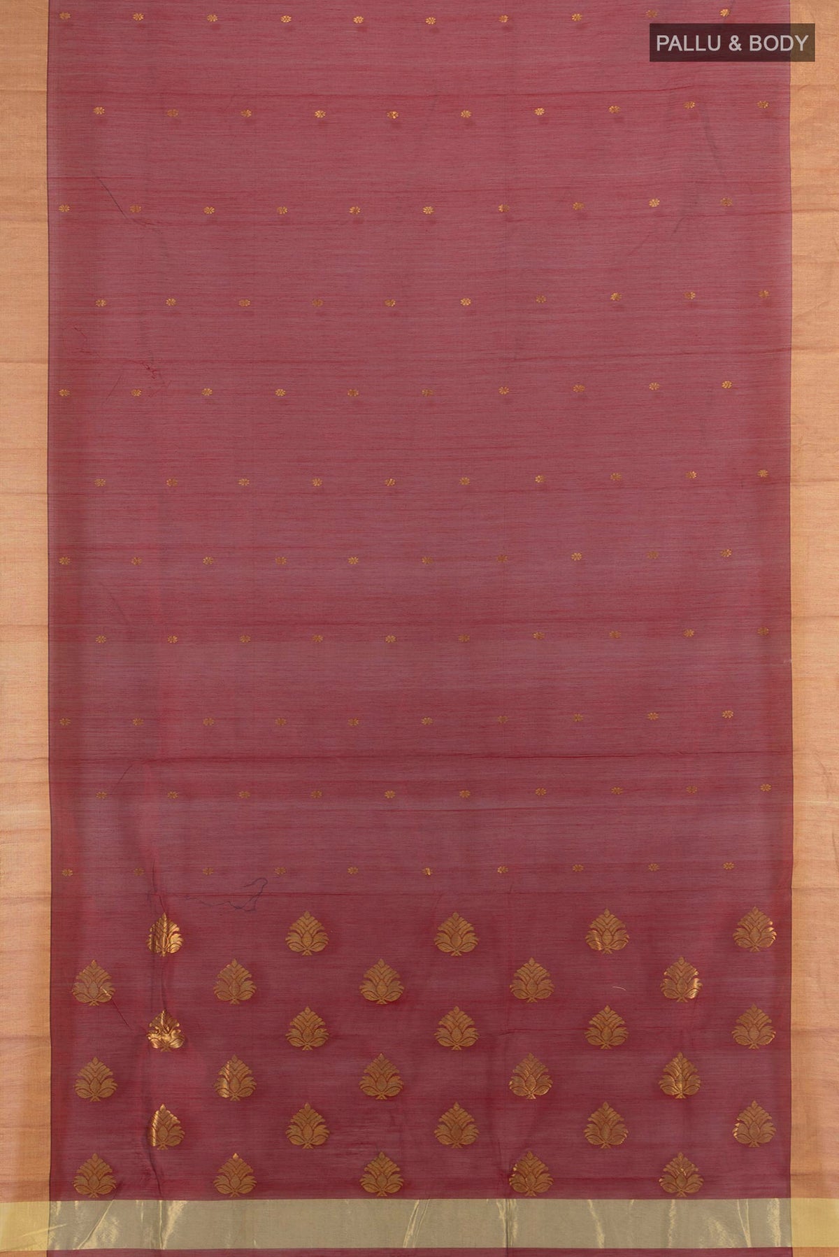 Flat view of Maroon Chanderi Cotton Saree with Zari Butta on the body and Zari Border. 