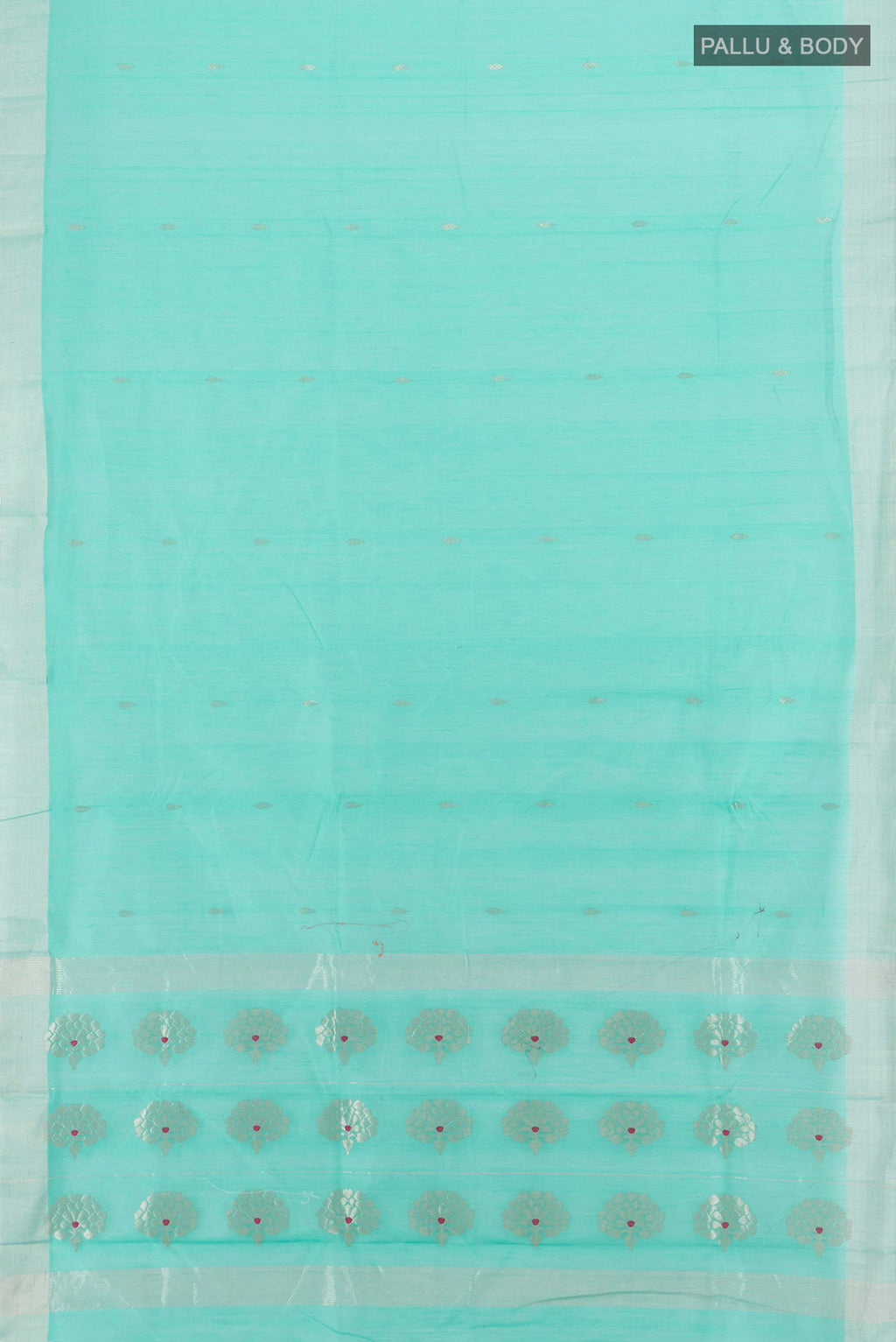 Flat view of Sea Green Chanderi Cotton Saree with Zari Butta on the body and Zari Border. 