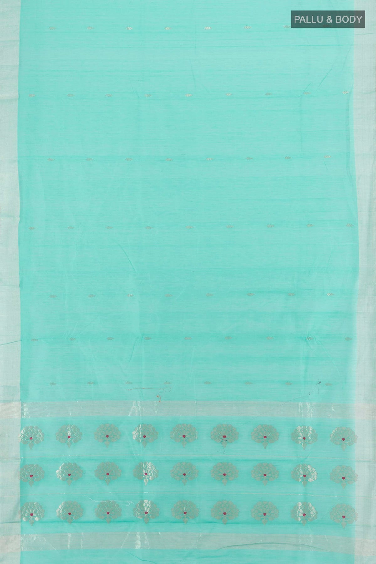 Flat view of Sea Green Chanderi Cotton Saree with Zari Butta on the body and Zari Border. 