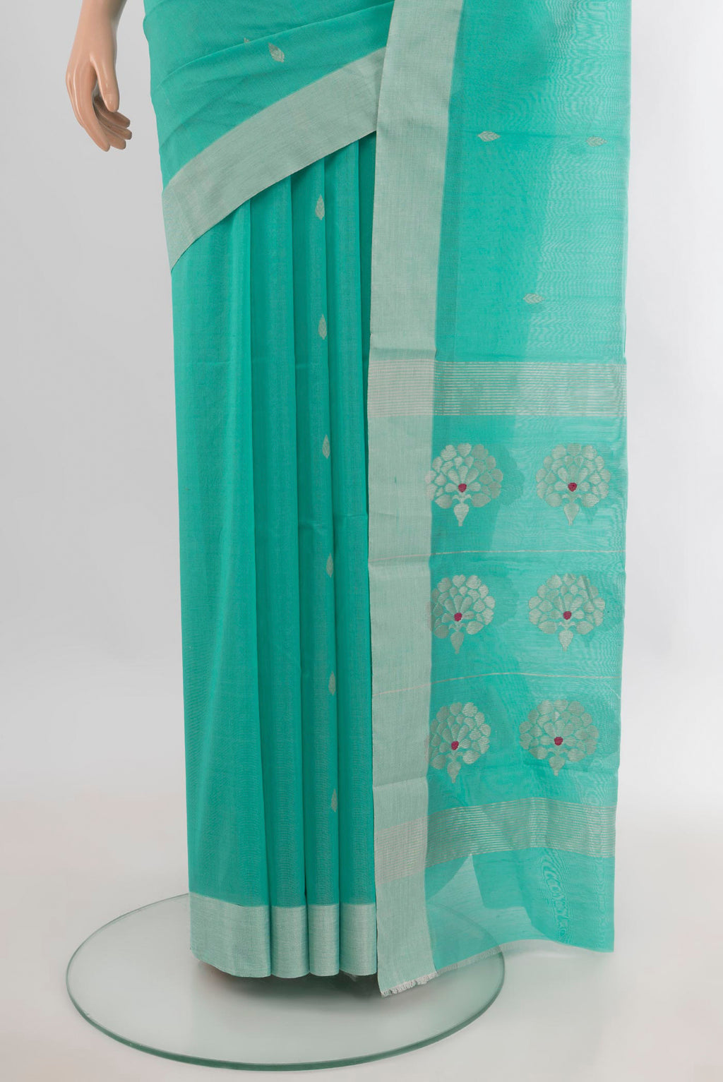 Pleats and pallu of Sea Green Chanderi Cotton Saree with Zari Butta on the body and Zari Border. 