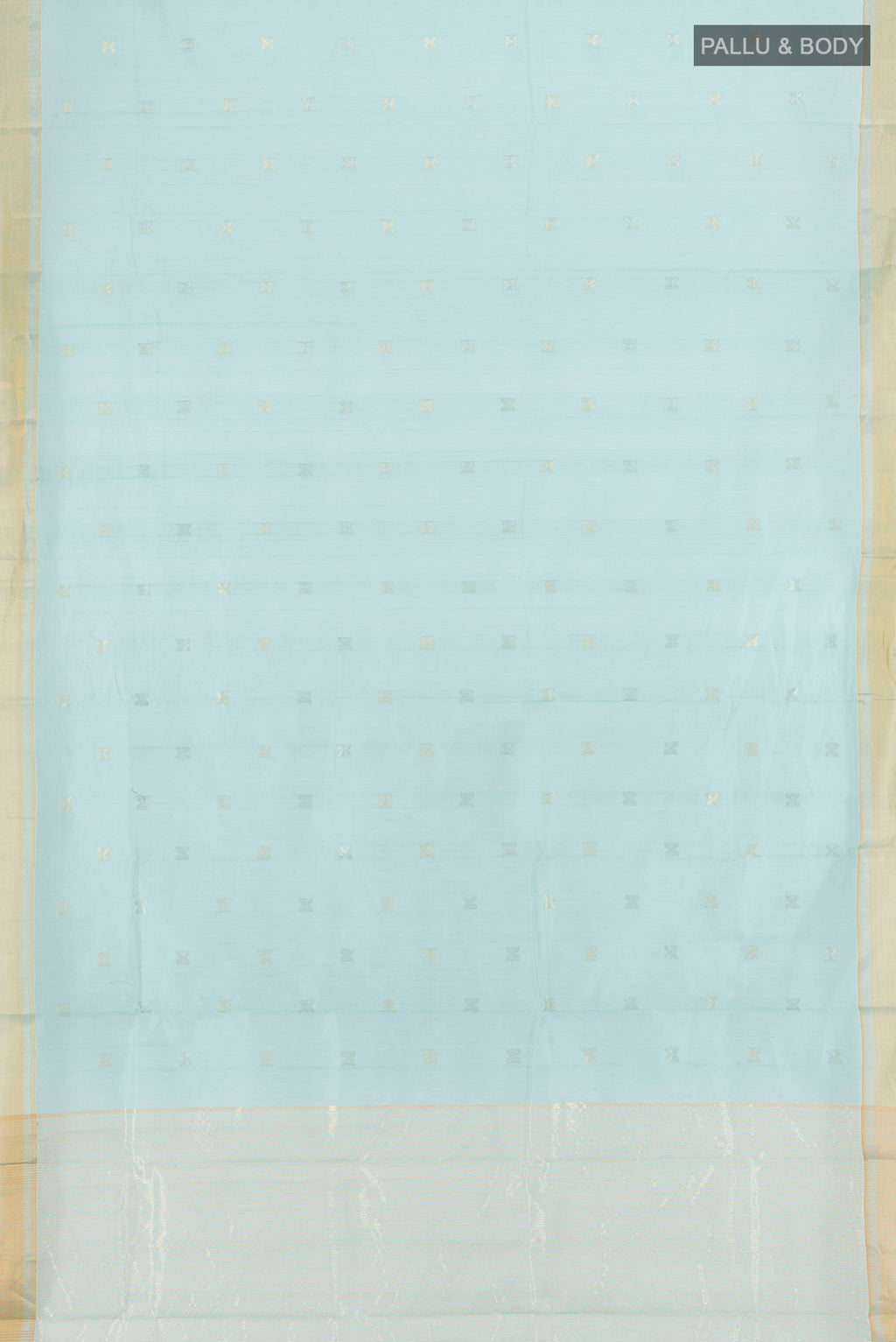 Flat view of Light Blue Chanderi Silk Cotton Saree with Zari Butta on the body and Zari Border. 