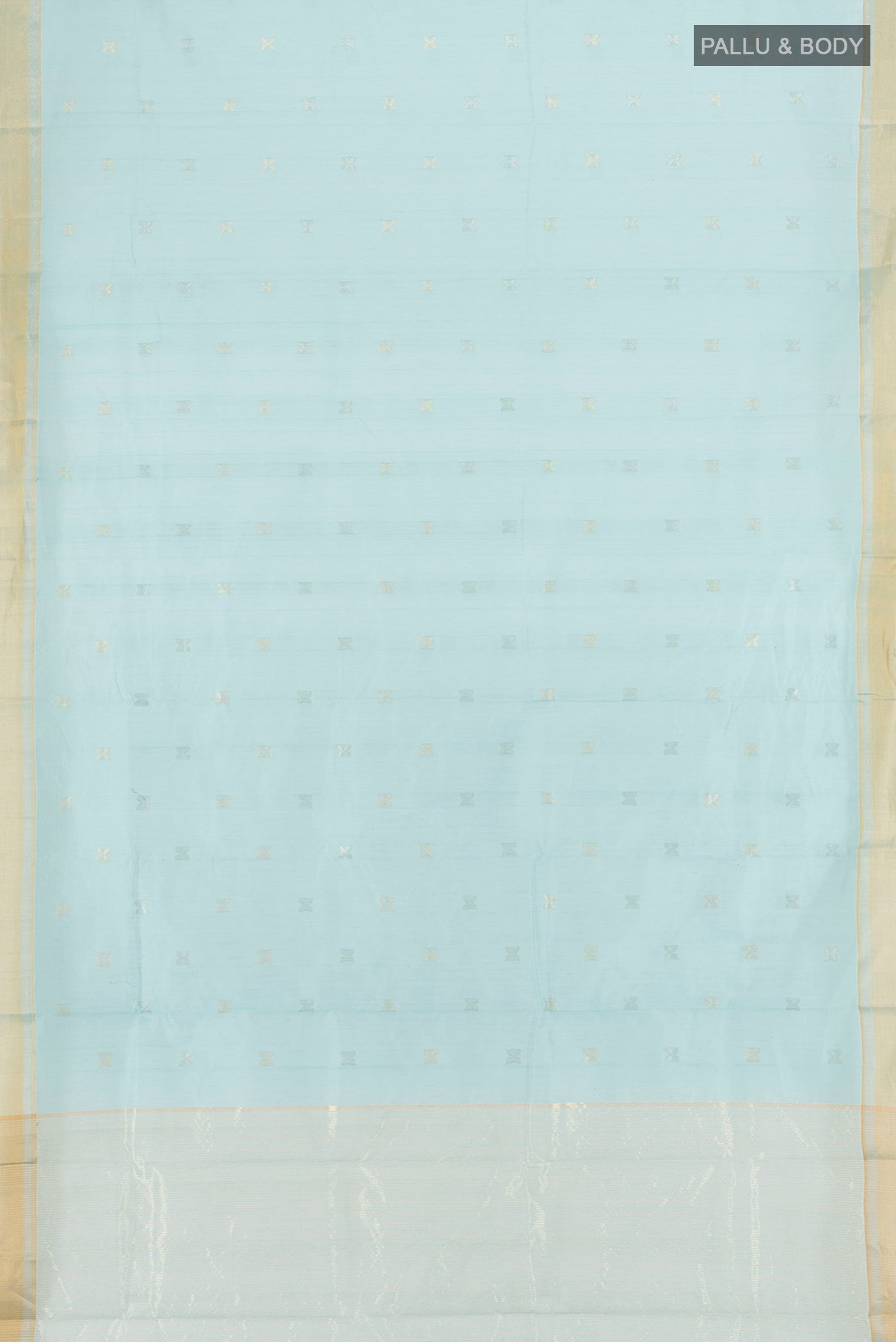 Flat view of Light Blue Chanderi Silk Cotton Saree with Zari Butta on the body and Zari Border. 