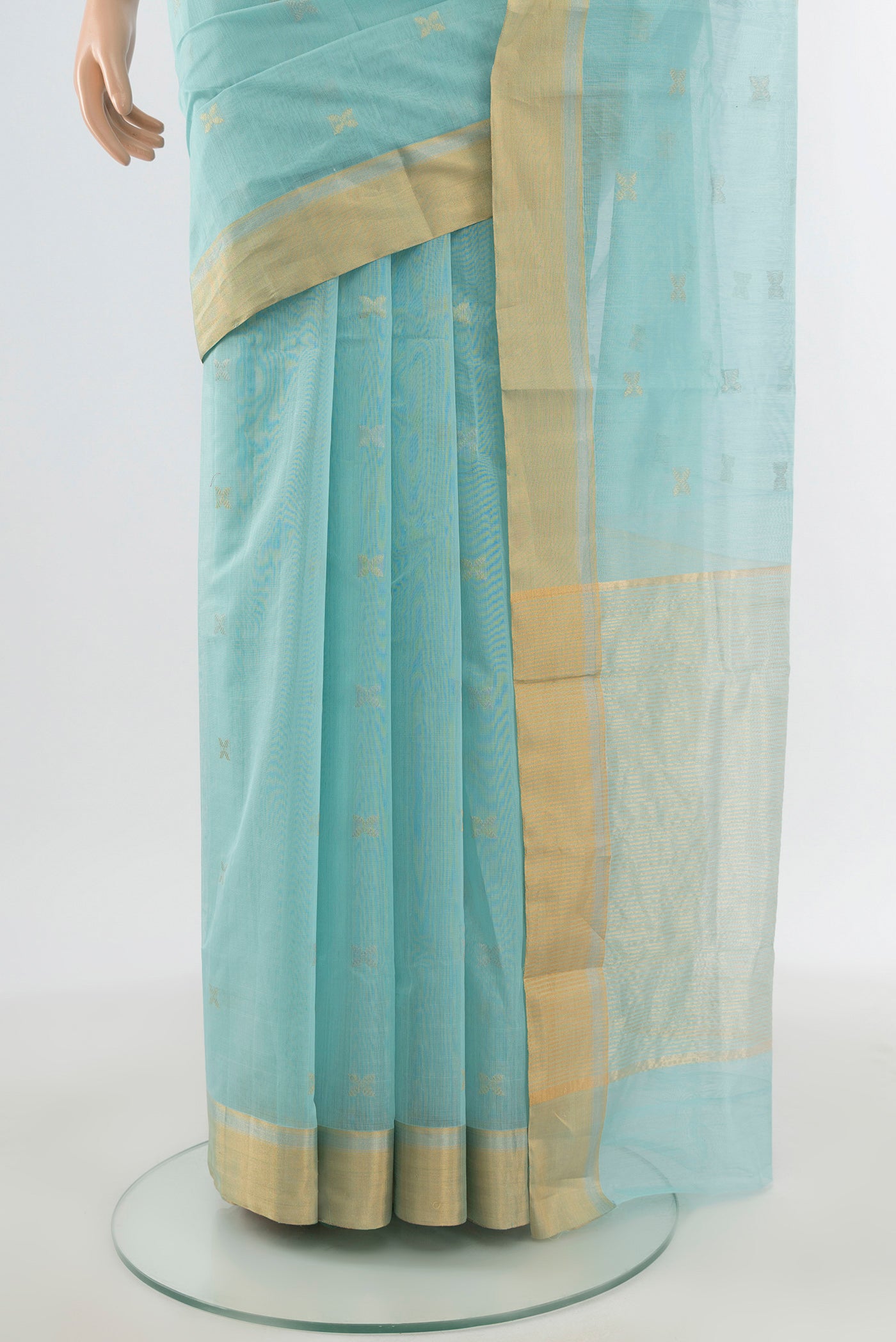 Pleats and pallu of Light Blue Chanderi Silk Cotton Saree with Zari Butta on the body and Zari Border. 